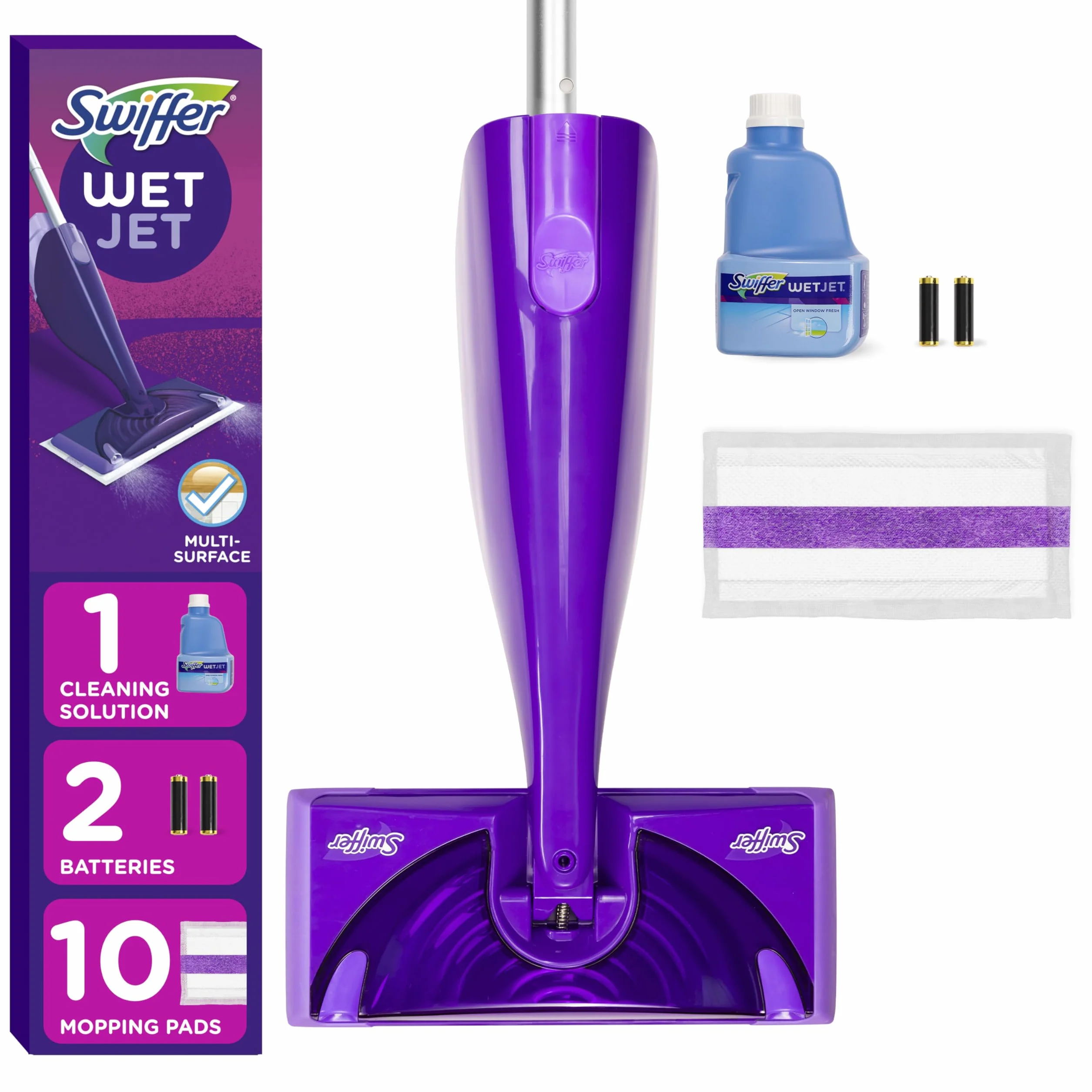 Swiffer WetJet - Kit de iniciación de Limpiador de mopa en Aerosol para Madera Dura y Pisos, Incluye: 1 mopa eléctrica, 10 Almohadillas, solución de Limpieza, baterías