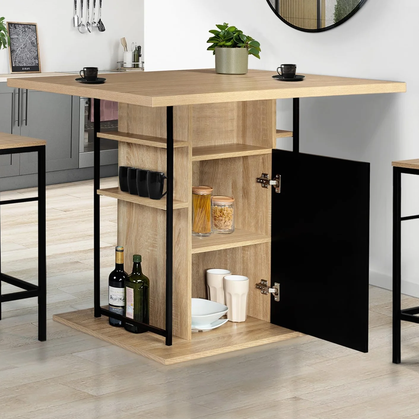 IDMarket – Isla central UGO de 110 cm en madera negra y imitación de haya con contenedores de diseño industrial