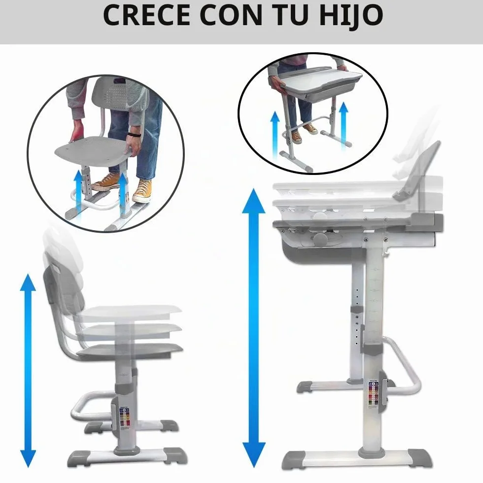 Yinleader Kids Juego de escritorio y silla ajustable con lámpara protección visual, soporte libros, escritorio basculante para escribir leer dibujar gris