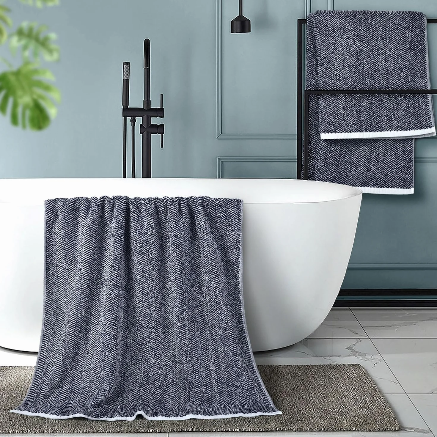 Cleanbear Toallas de baño, juego de toallas de baño de lujo 100% algodón para baño, toallas de ducha grandes de 54 x 28 pulgadas con rayas de espiga, toallas de baño azul marino, paquete de 2