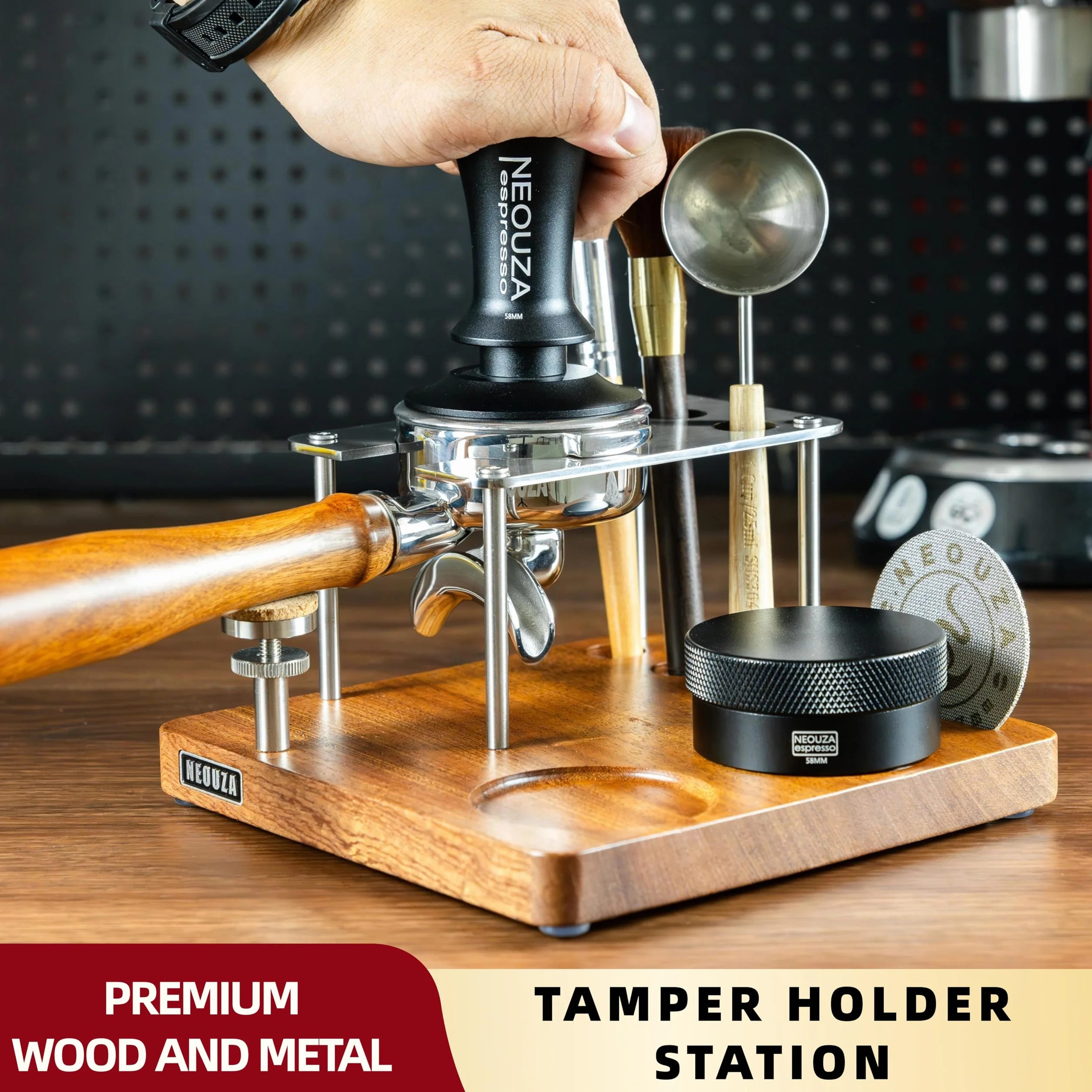 NEOUZA Estación de Tampado Café 51 mm 7 en 1, Compatible con De'Longhi ECP, EC, Stilosa y Mayoría Portafiltros 51 mm, Ajustable Altura, Nogal y Acero Inoxidable