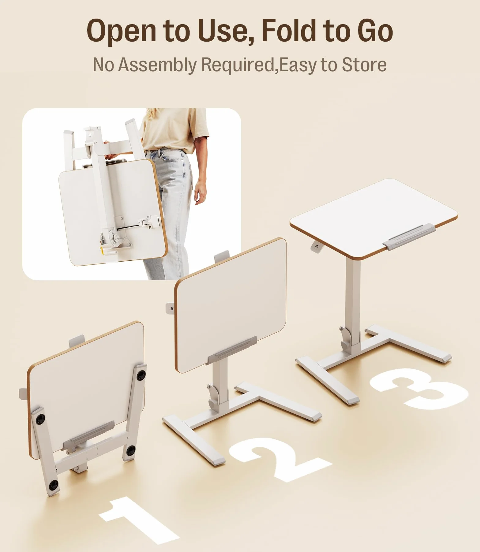 MAIDeSITe Fit Go Mesa Auxiliar con Ruedas, Mesa para Ordenador Portátil, Altura Regulable, Reversible, Plegable para Salón Dormitorio