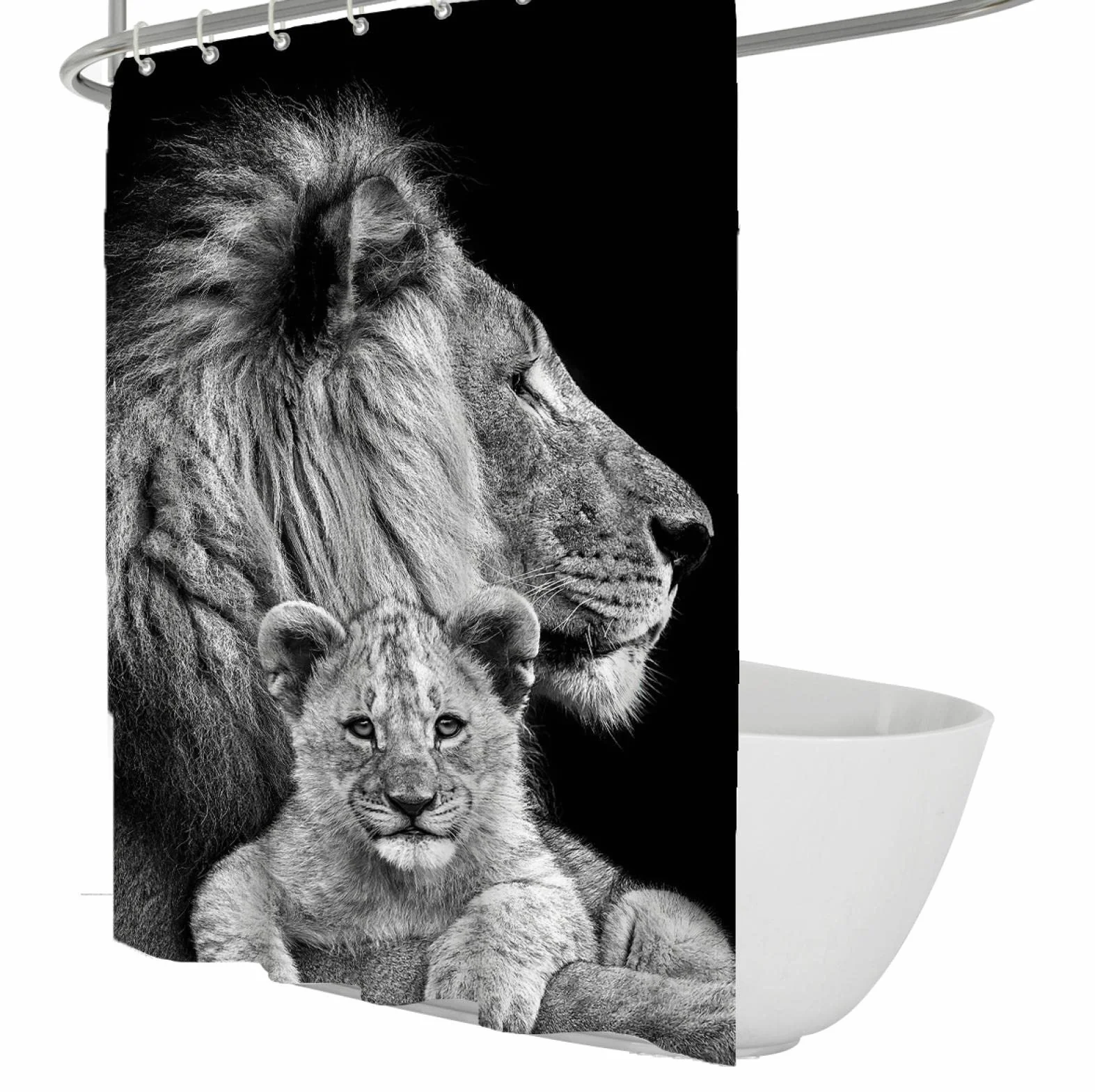 Cortina de Ducha Negra para baño Animal Lion Baby Protegiendo la privacidad Cortinas de baño con Ganchos Cortina de Ducha Impermeable de fácil Cuidado W190xL220cm
