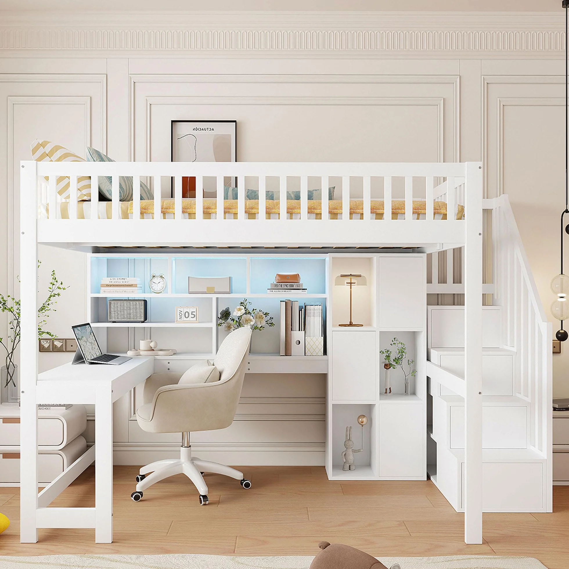 Moimhear Cama alta, 140 x 200 cm, con luces LED, escalera, estanterías, estantes, escritorio, madera de pino+MDF + Plywood, adecuado para niños y jóvenes (blanco)
