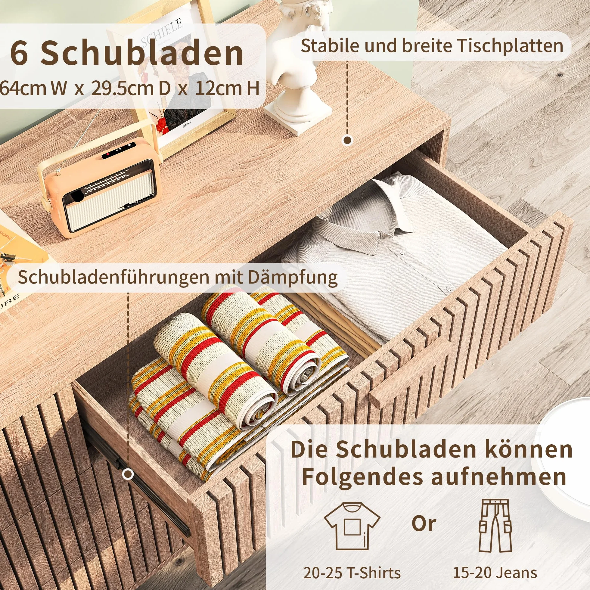 Cómoda con 6 cajones, 100 x 34 x 73 cm, aparador de Madera, Mueble con cajones de Gran Capacidad para salón, Dormitorio, diseño Lineal (Color de Madera Natural, Seis cajones)