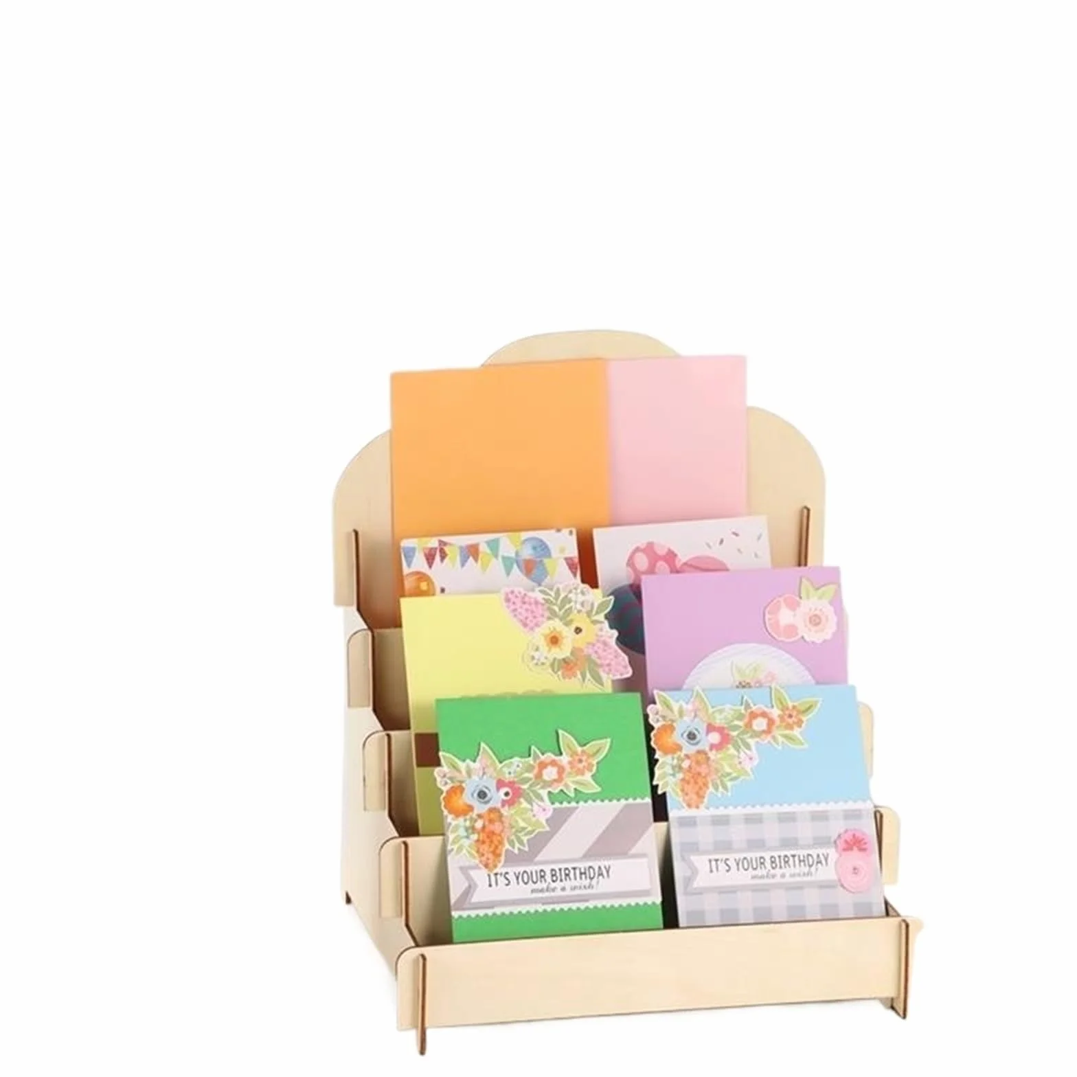 Expositor De Tarjetas De Felicitación 2 unids/set soportes de exhibición de tarjetas de felicitación estantes de exhibición de pegatinas de madera de 4 niveles organizadores de tarjetas estantes de ex