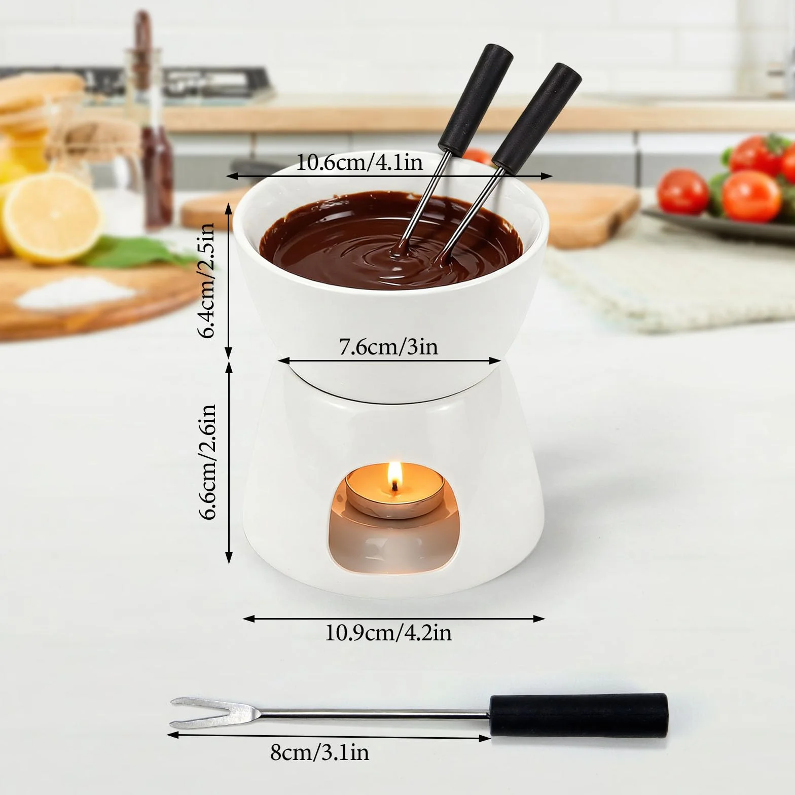 Set de Fondue de Chocolate 300 ml – Olla de Cerámica con 2 Tenedores, Mini Cazuela