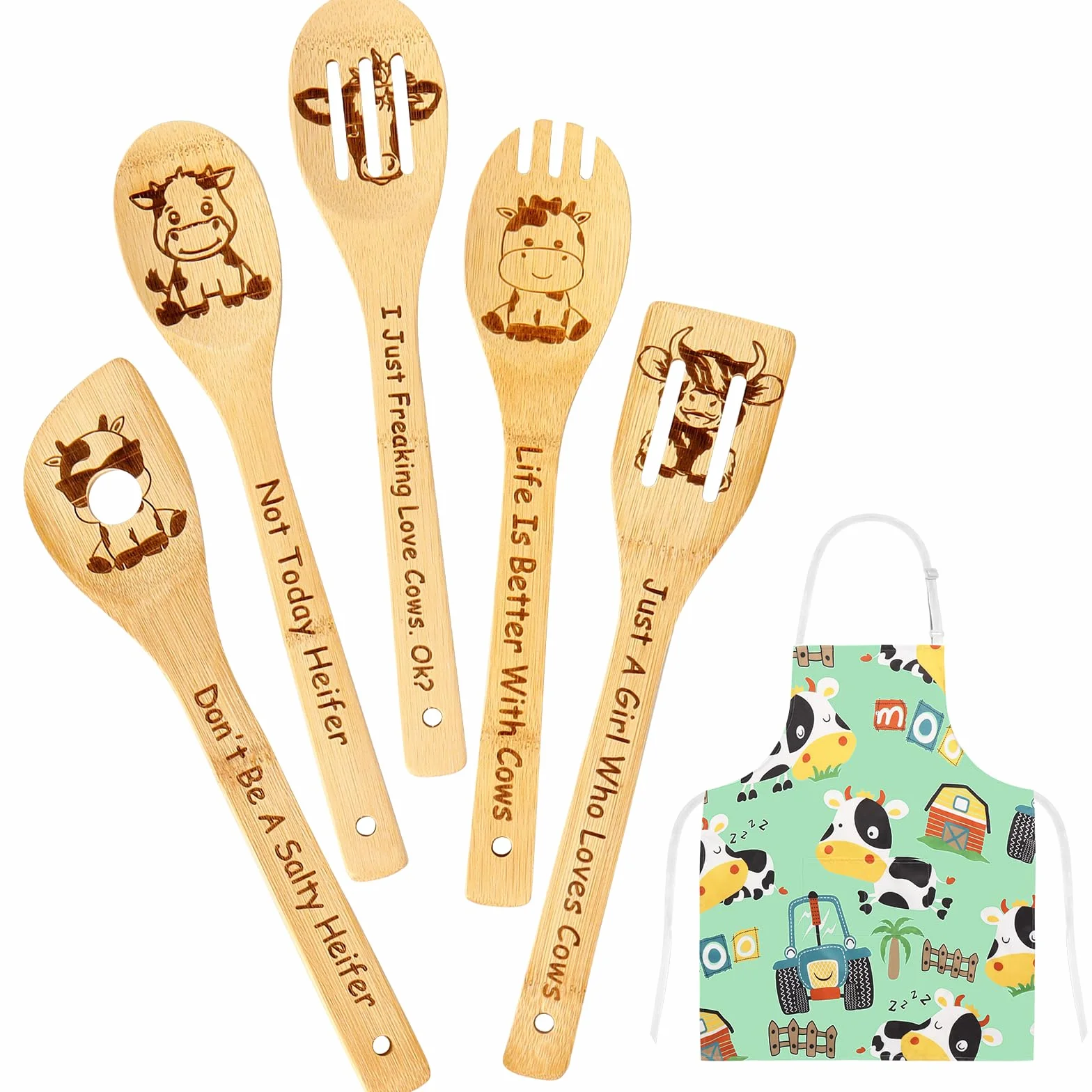 Decoración de cocina de vaca, cucharas de madera de vaca para cocinar, delantal de vacas, decoración de cocina, utensilios de cocina de bambú, accesorios de cocina para Navidad, regalos de novilla