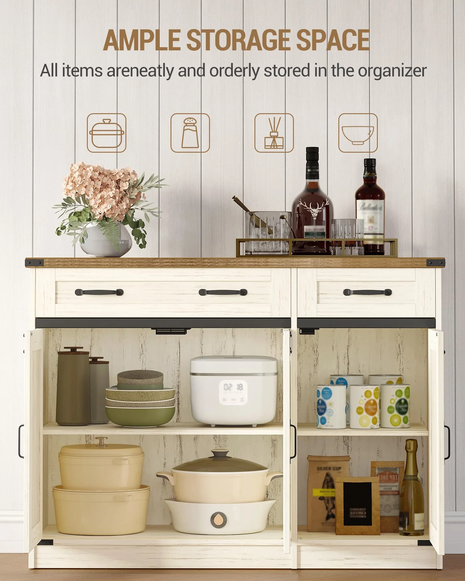 Armario de Cocina con 2 Cajones 3 Puertas Estantes Ajustables 40x108x80 cm Blanco Rústico y Marrón Miel