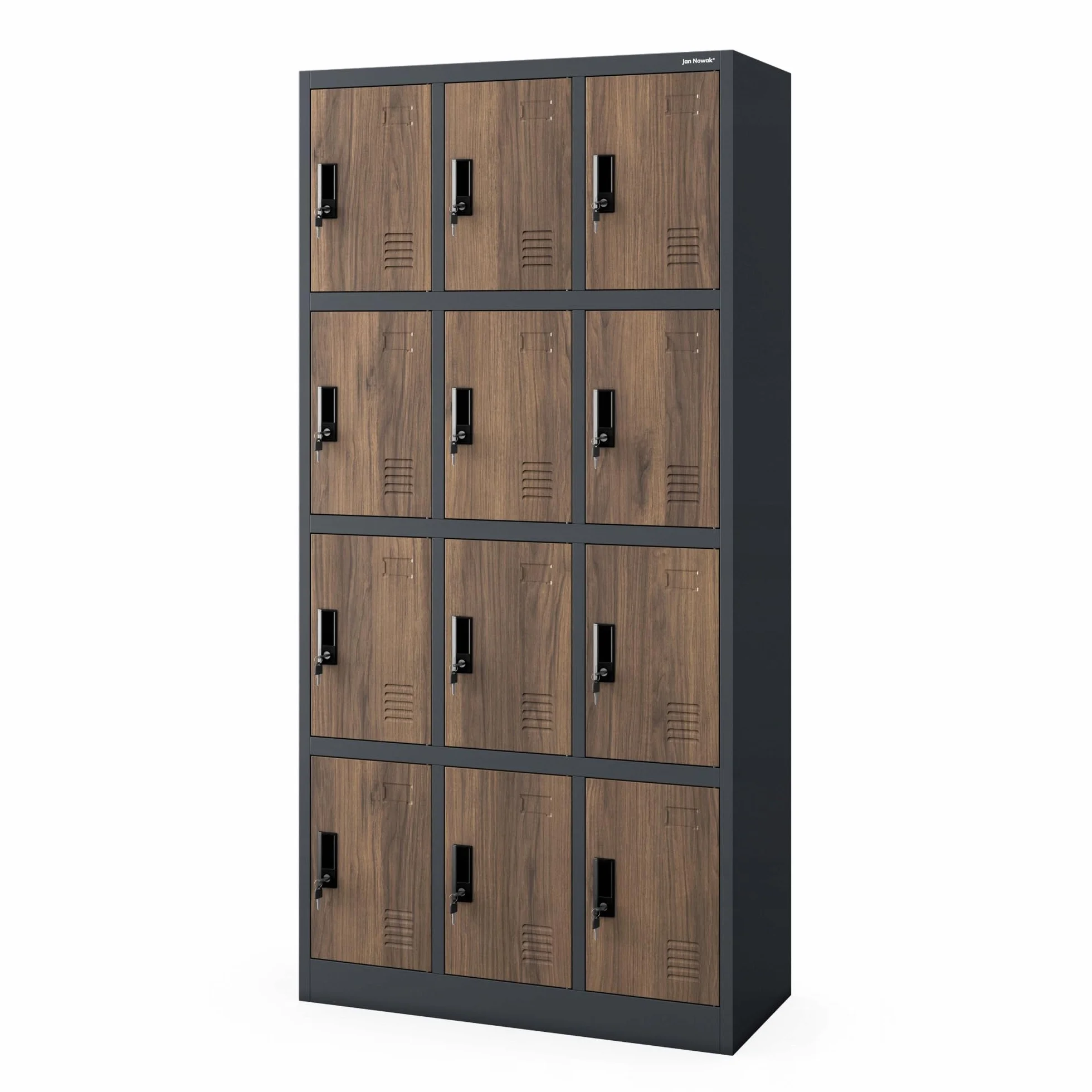 Jan Nowak Armario para Vestuario 3B4A Taquilla Metálico con 12 Compartimentos Ranuras de ventilación Recubrimiento de Polvo 185 cm x 90 cm x 40 cm Antracita-Madera