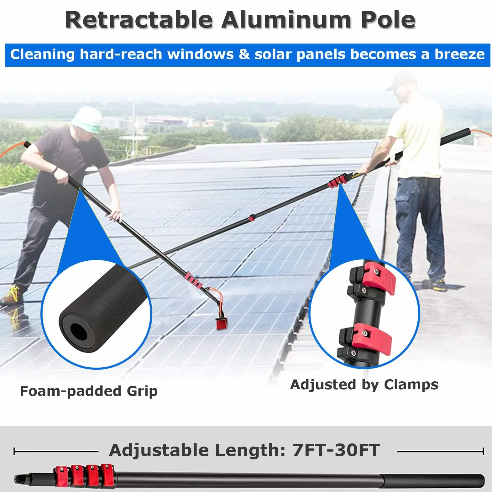 Kit de pértiga telescópica con Suministro de Agua. Cepillo Ajustable para Limpiar Ventanas, Ideal para Paneles solares, Cristales y Uso en Exteriores. Alcance sin Esfuerzo para un Brillo imp
