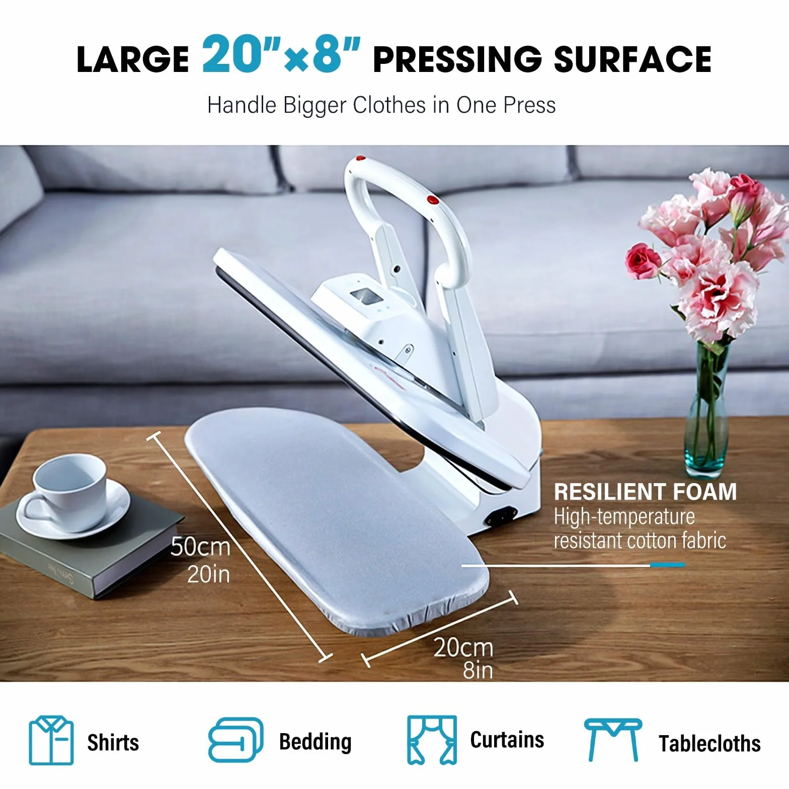 Acabado de vapor para camisas, pantalones y uniformes con pantalla LED, potencia de 1200 W, 5 preajustes de tela, gran superficie para hoteles y hogares