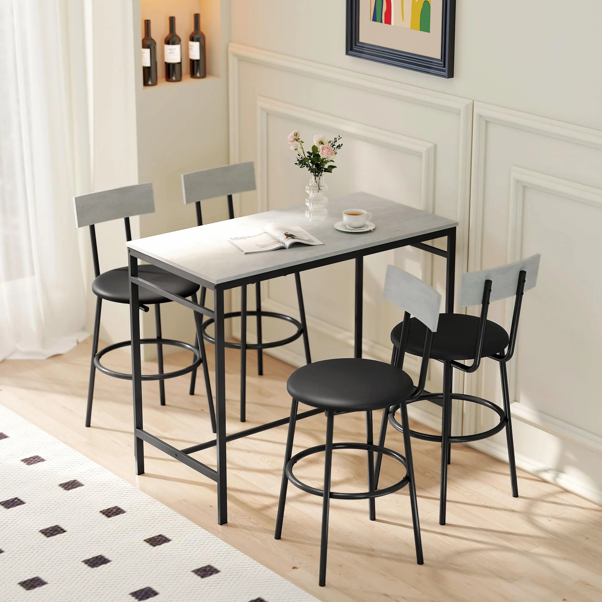 HOMCOM Juego de Mesa de Bar con 4 Taburetes de Cuero PU, Sillas de Bar y Cocina Ahorran Espacio, Patas de Acero, Estilo Moderno, Mesa Alta para Comedor