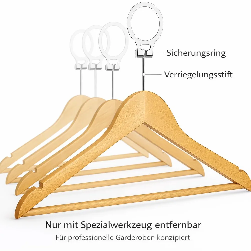 MELA'S Pack de 50 Perchas de Madera antirrobo con Anillo de Seguridad – Solo Desmontables por el Personal – para hoteles y Uso Profesional