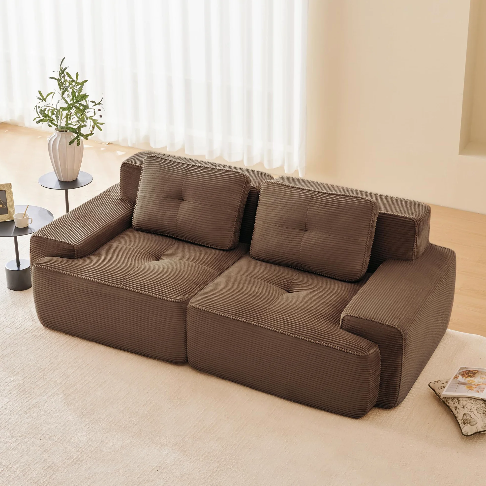 Boneless Sofá modular, moderno para salón con asiento bajo de 74 cm, sofá de pana, sofá tapizado en la nube combinable, para salón (marrón, 2S)