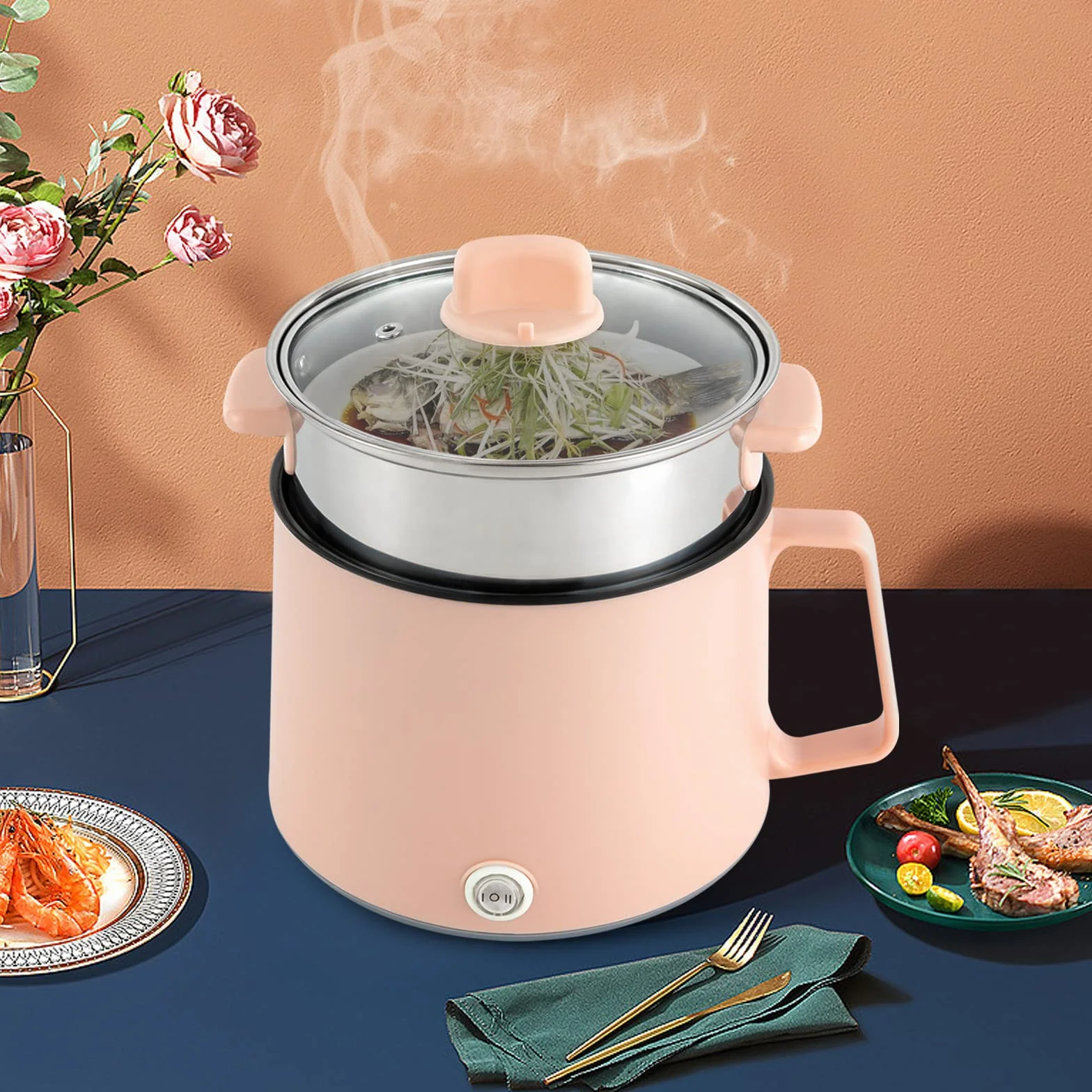 Olla de fondue eléctrica portátil 1,7 litros con cesta de vapor para cocinar sopa, fideos (rosa)