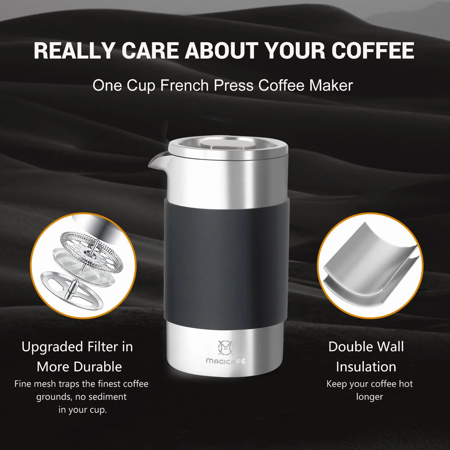 Juego de cafetera de prensa francesa, prensa francesa portátil con mini recipiente de café y bolsa de recolección, 1 taza pequeña de acero inoxidable de doble pared, prensa de café de 350 ml