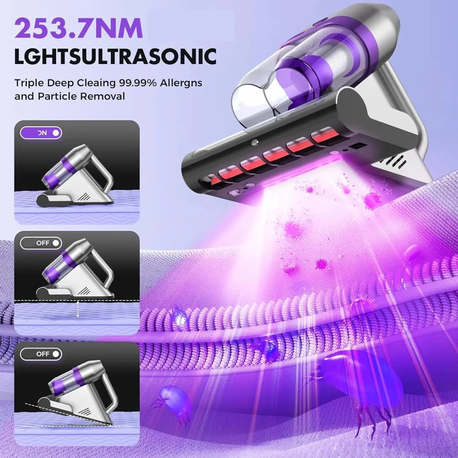 Aspirador de colchones, Aspiradora De Cama, Colchones con Ultrasonidos, Succión 16 KPa, Almohadas Y Alfombras, 500 W (con Cable) para Cama(Black)