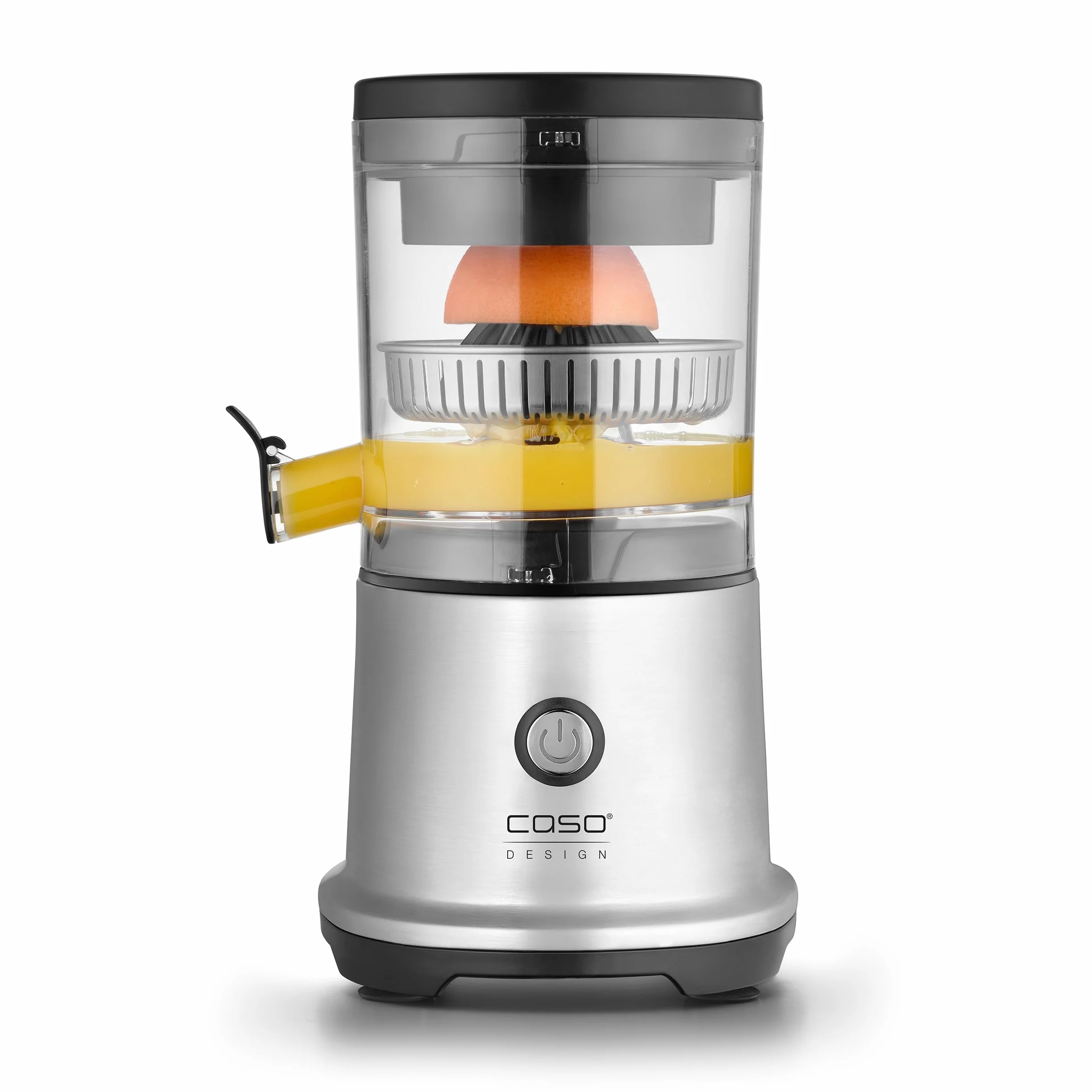 CASO CP 440 Lift Inox - Exprimidor Eléctrico con cono universal para Naranjas y Cítricos, 300W, antisalpicaduras, alta extracción de zumo, pies con ventosa, apto para lavavajillas, acero inoxidable