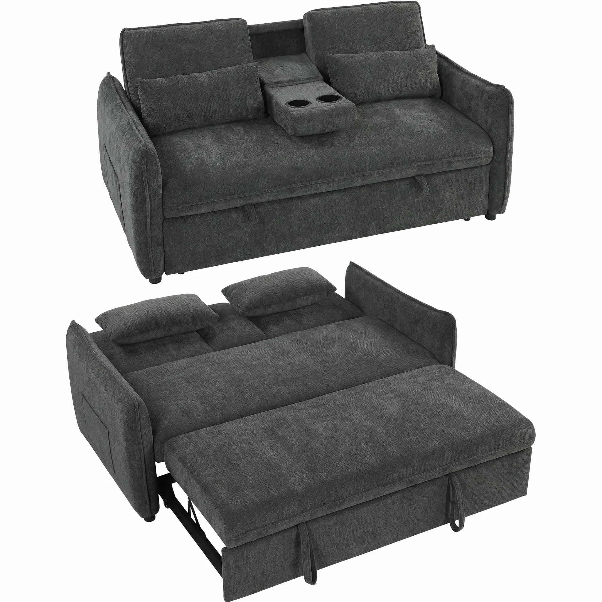 HOMCOM Sofá Cama 2 Plazas 3 en 1, Sofá Cama de Chenilla con Mesa Auxiliar, Portavasos, Respaldo Ajustable, Bolsillos Laterales, 2 Almohadas para Sala de Estar, Espacios Pequeños, Gris Oscuro