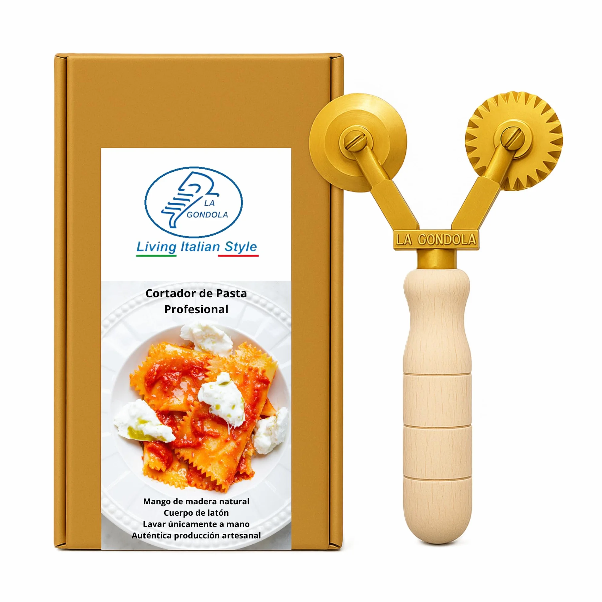 La Gondola Cortador de Rueda Doble (Festoneada y Lisa) | Utensilios para Pasta Fresca para Casa y Negocio | Cortapastas Fácil de Usar de Latón y Madera Natural | Cortador de Raviolis