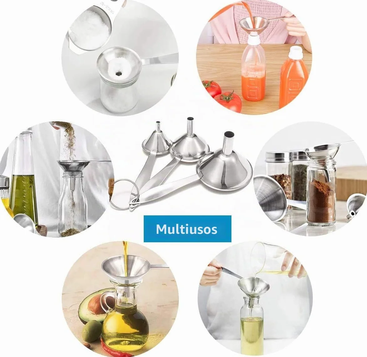Embudos de Acero Inoxidable, 3 Piezas Embudo de Cocina con Mango Largo para Transferir Líquidos y Polvo