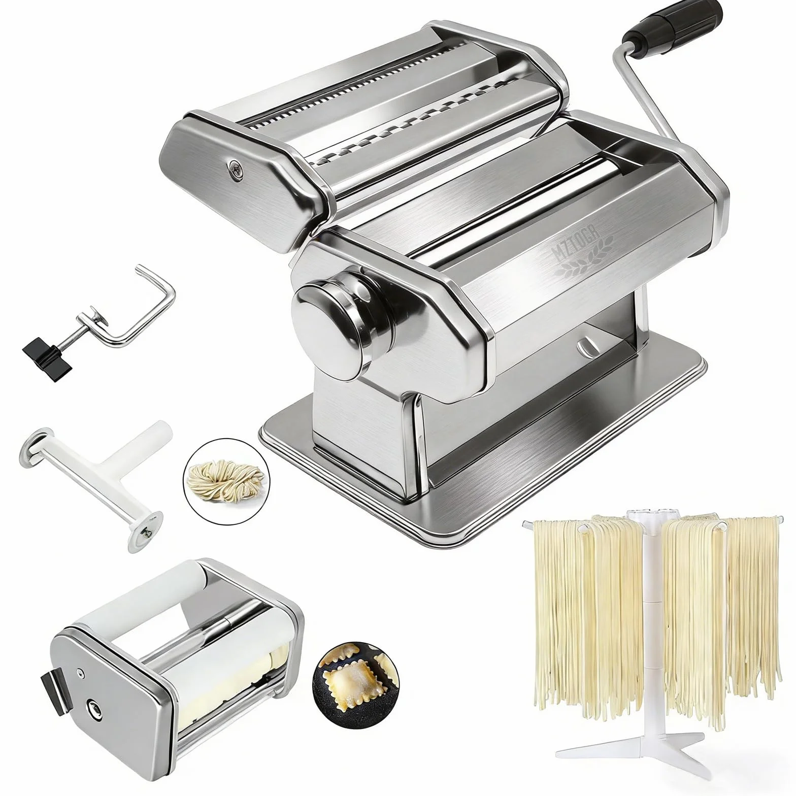 MZTOGR Máquina para hacer pasta y raviolis, juego de 6 piezas de acero de 150 mm con 9 ajustes de grosor ajustables, incluye accesorio para hacer raviolis, estante de secado de pasta