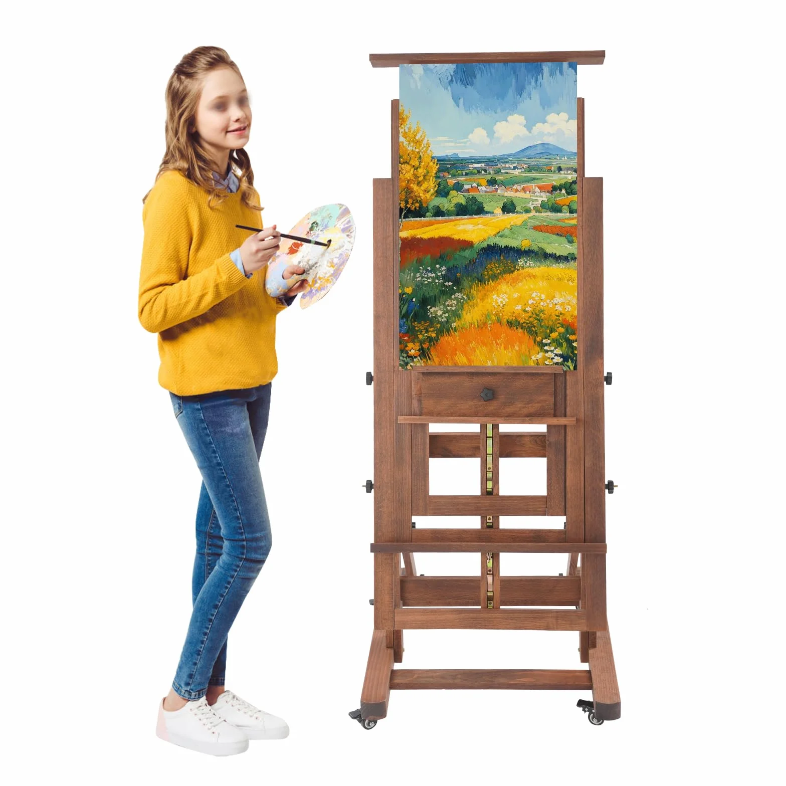 Caballete de estudio de altura ajustable, caballete multifuncional, soporte de lienzo móvil, de madera maciza, capacidad de carga de 10 kg, para estudiantes, entusiastas de la pintura, 65 x 60 cm
