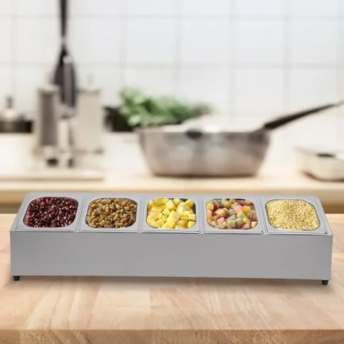 Caja de especias de acero inoxidable, estación de pizza, organizador, dispensador de especias con 6 sartenes y tapas 1/6, recipiente para especias de acero inoxidable, estante para condimentos