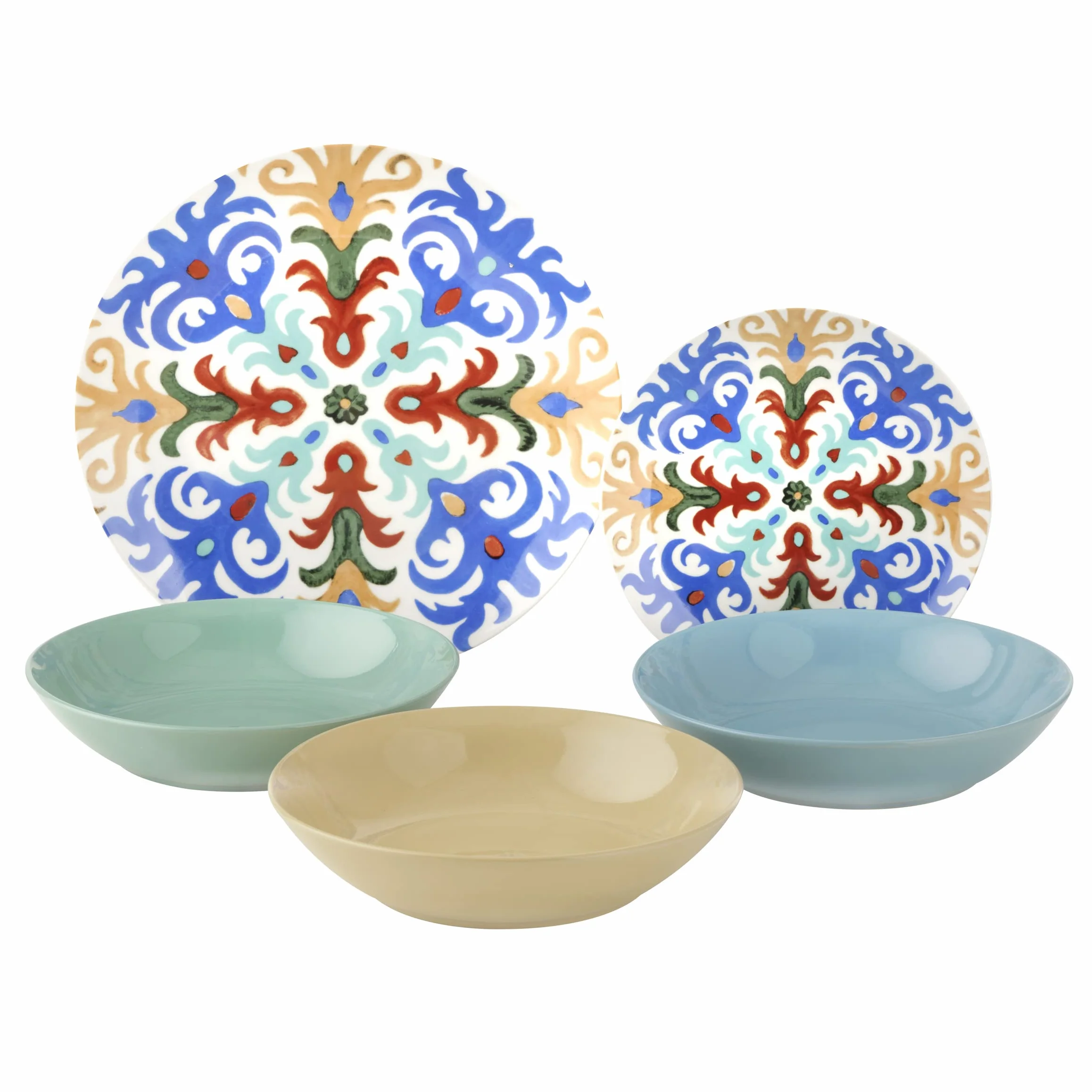 Baroni Home Juego de 18 Platos de porcelana y gres, Vajilla para 6 personas, Set Completo, Conjunto de Platos planos, hondos y platillos para postre, Fantasía Sorrento