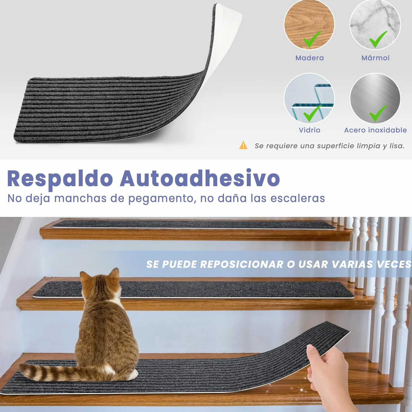 Alfombrillas para Escaleras Antideslizantes, 15 Alfombrillas Autoadhesivas Escalones Interiores, Recortables y Reutilizables - Protección para Mascotas, Mayores, Niños (Gris Oscuro, 76x20 cm)