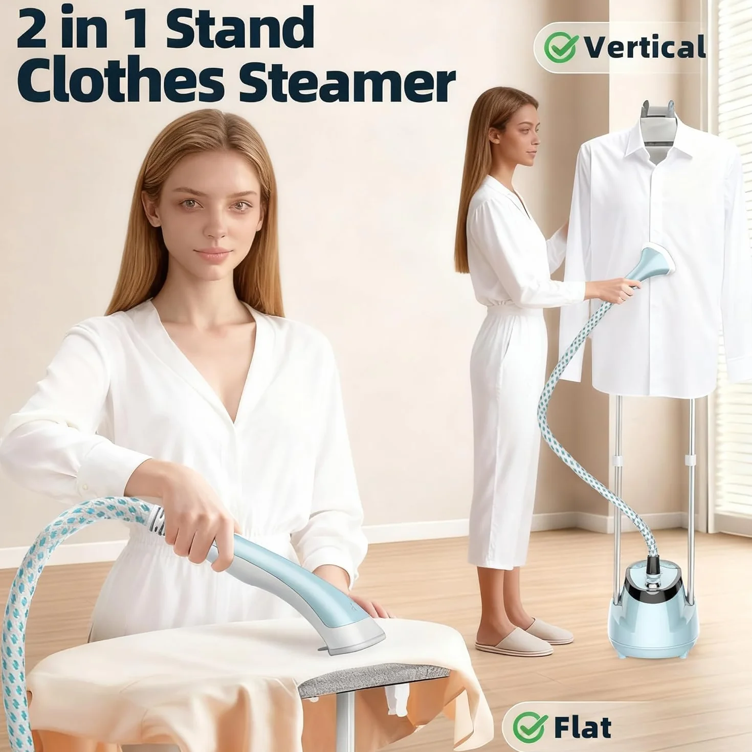 Annmiir Upright Clothes Steamer 2000W Turbo Boiler - 2L Tank, 1h Continuous Steam, Flat&Hanging Ironing, 2 Retractable Rods, 10 Modes, 30s Fast Preheat, All Fabrics Compatible