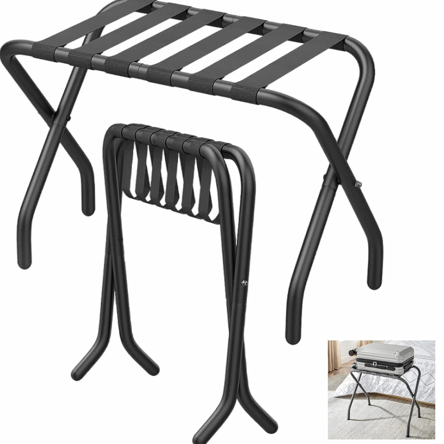 Soporte plegable para maletas, juego de 2 unidades en negro, 68 x 38 x 50 cm, solución organizativa para tus maletas, bandeja y almacenamiento perfectamente resuelto para uso doméstico y de