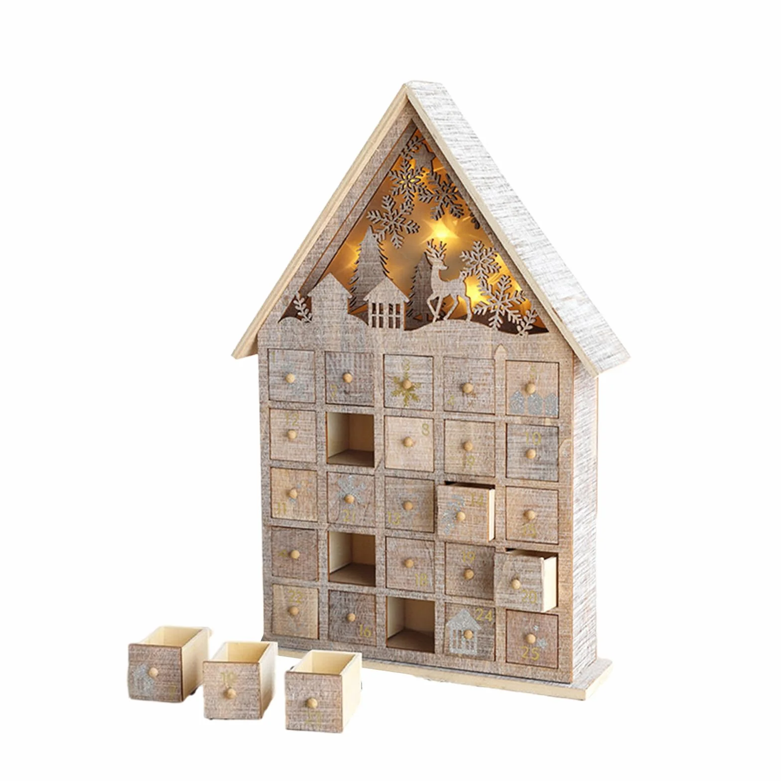 Calendario de madera con cuenta regresiva de árbol de Navidad y casa de renos con luces LED y cajón sorpresa