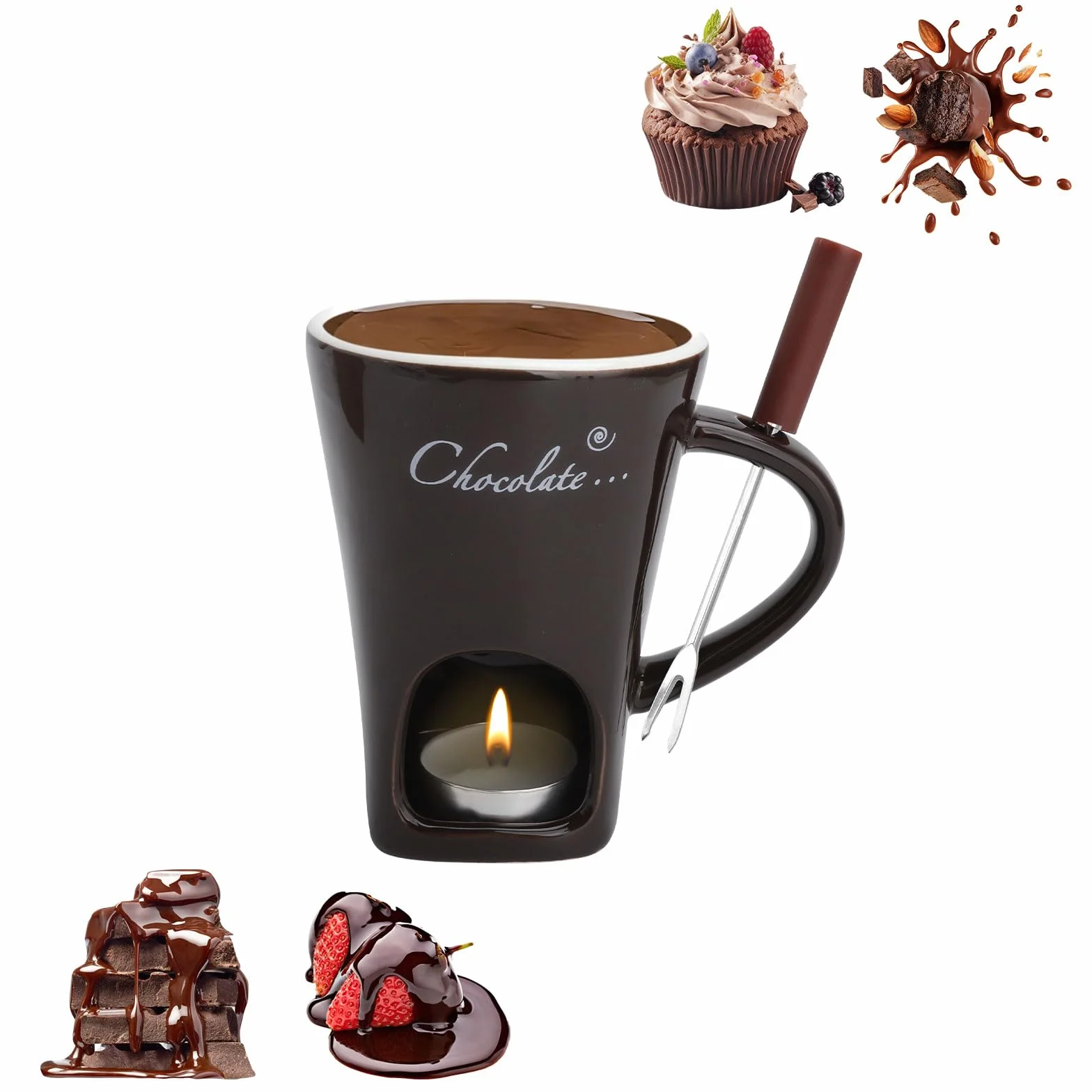 Taza de cerámica para fondue de chocolate, 130 ml, con portavelas y tenedores
