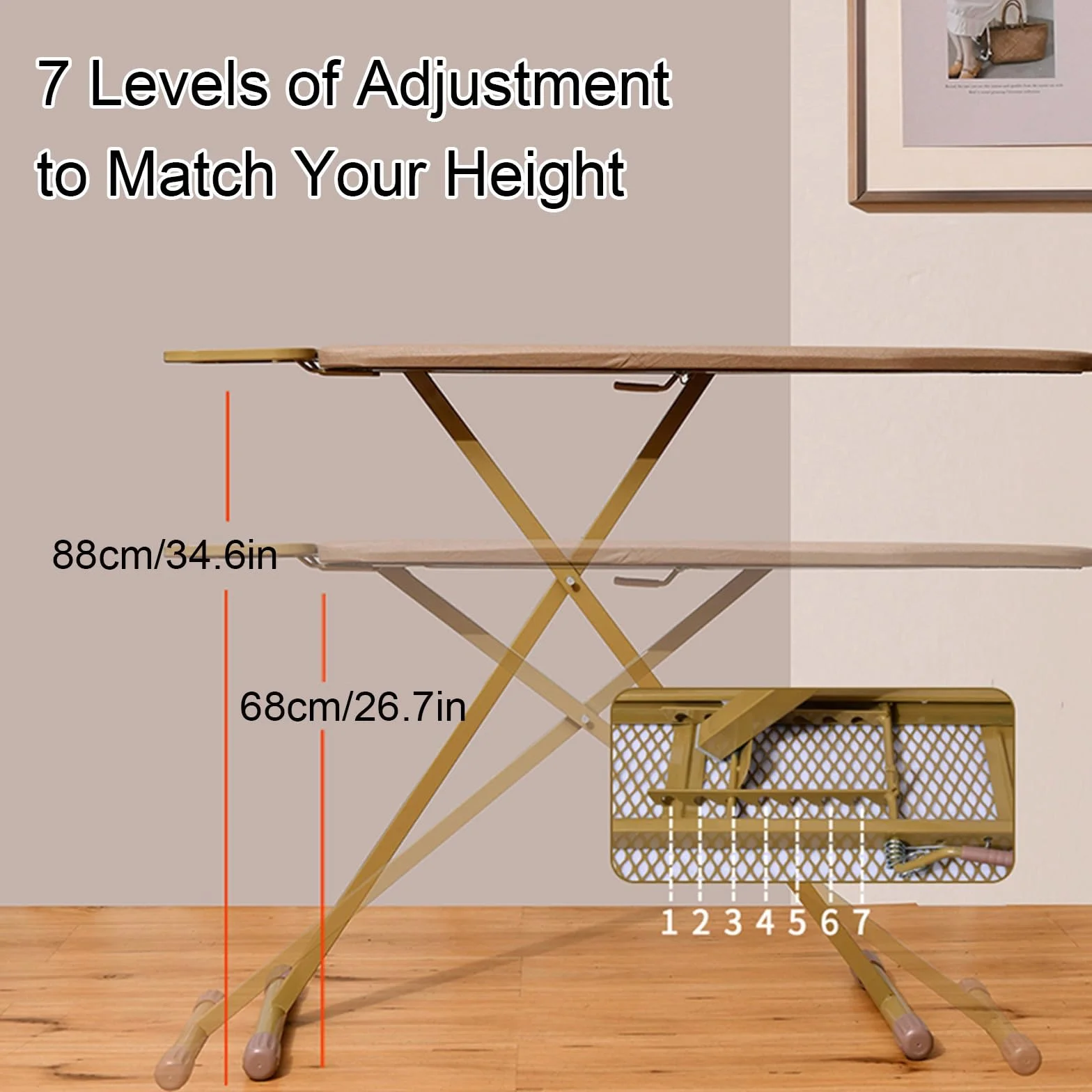 Tabla de Planchar de 7 Alturas Ajustable con Soporte para Plancha, Mesa Planchar Plegable con Soporte para Mangas, Ironing Board de Pie para Hogar y Lavadero(Brown)