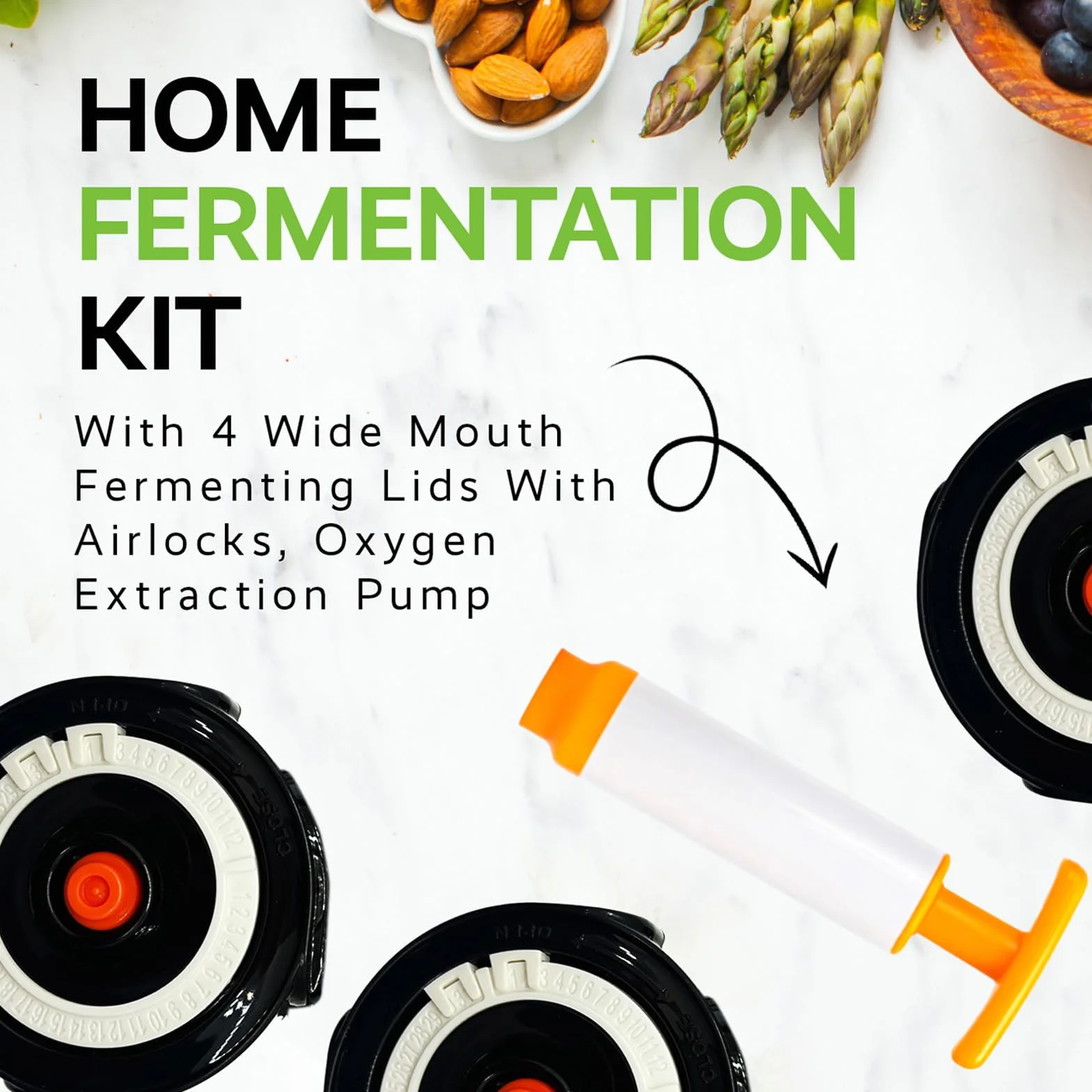 Home Fermentation Kit With 4 Wide Mouth Fermenting Lids With Airlocks, Oxygen Extraction Pump, Ideal For Sauerkraut, Kimchi, Pickles & Fermented Vegetable