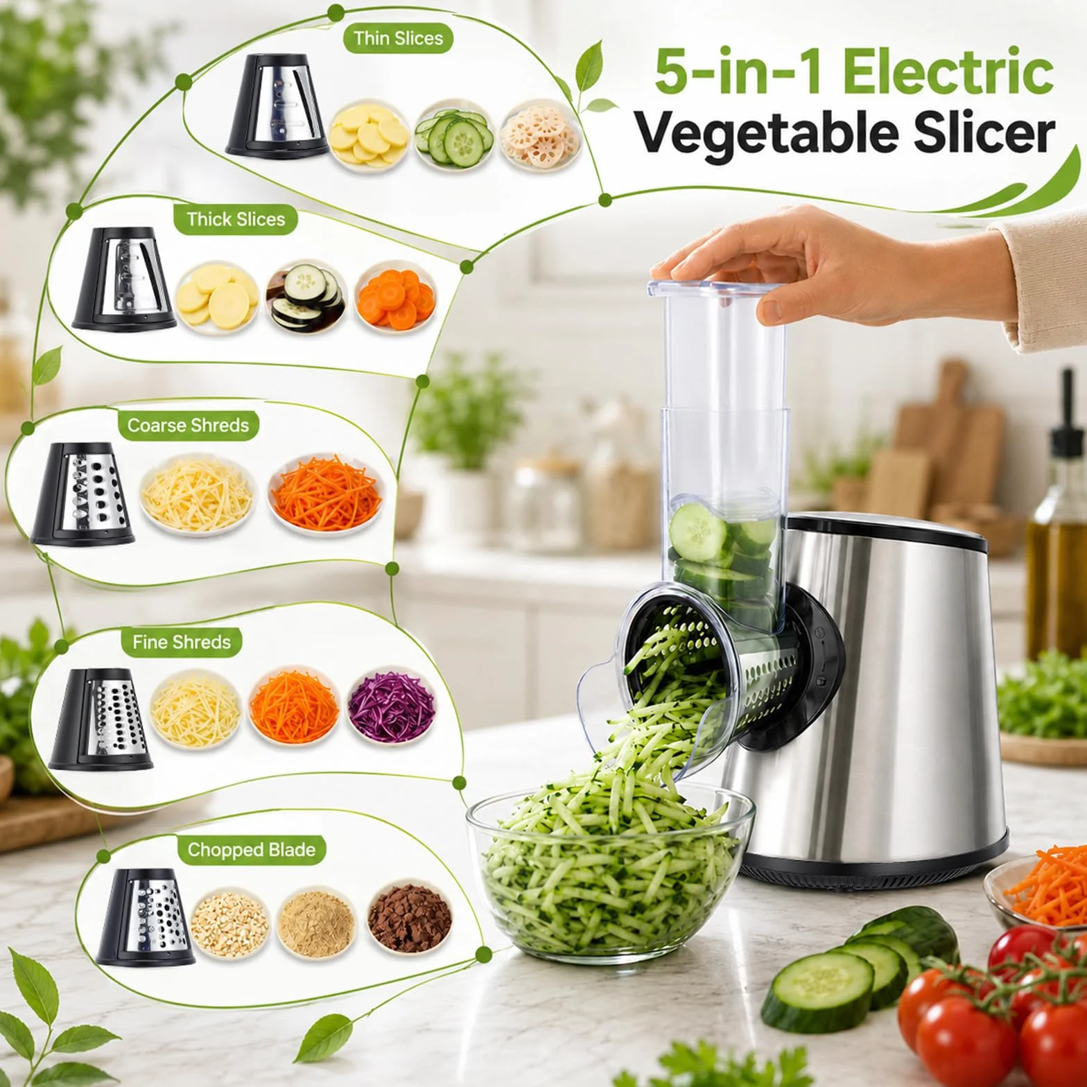 Rallador Eléctrico Profesional 5 en 1, 800 W con 5 Conos en Acero Inoxidable, Cortador y Picadora Multifunción con Apertura Grande de 9 cm para Frutas, Verduras, Queso, Nueces, Zanahorias, Gris