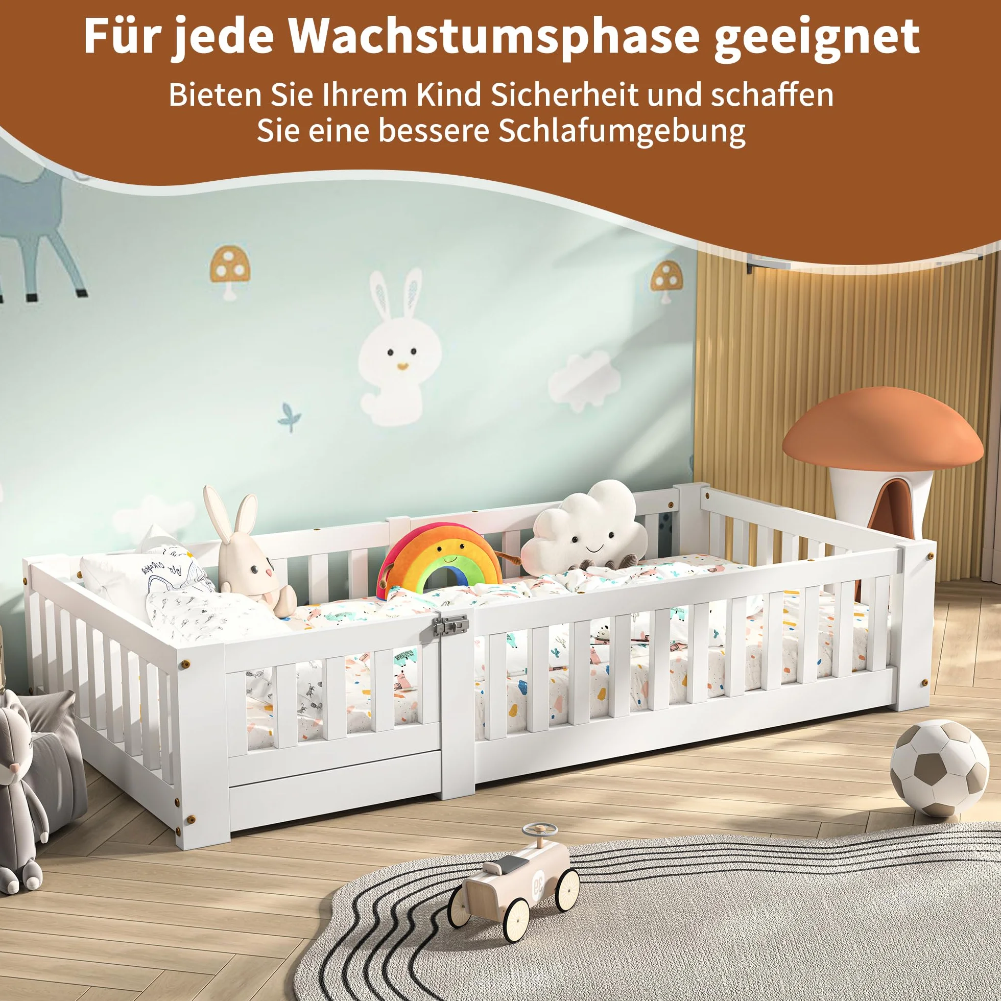 Cama de suelo para niños de 90 x 190 cm con valla y puerta, cama Montessori con protección anticaídas, cama juvenil individual con somier, cama infantil para niños y niñas, blanco (90 x 190 cm