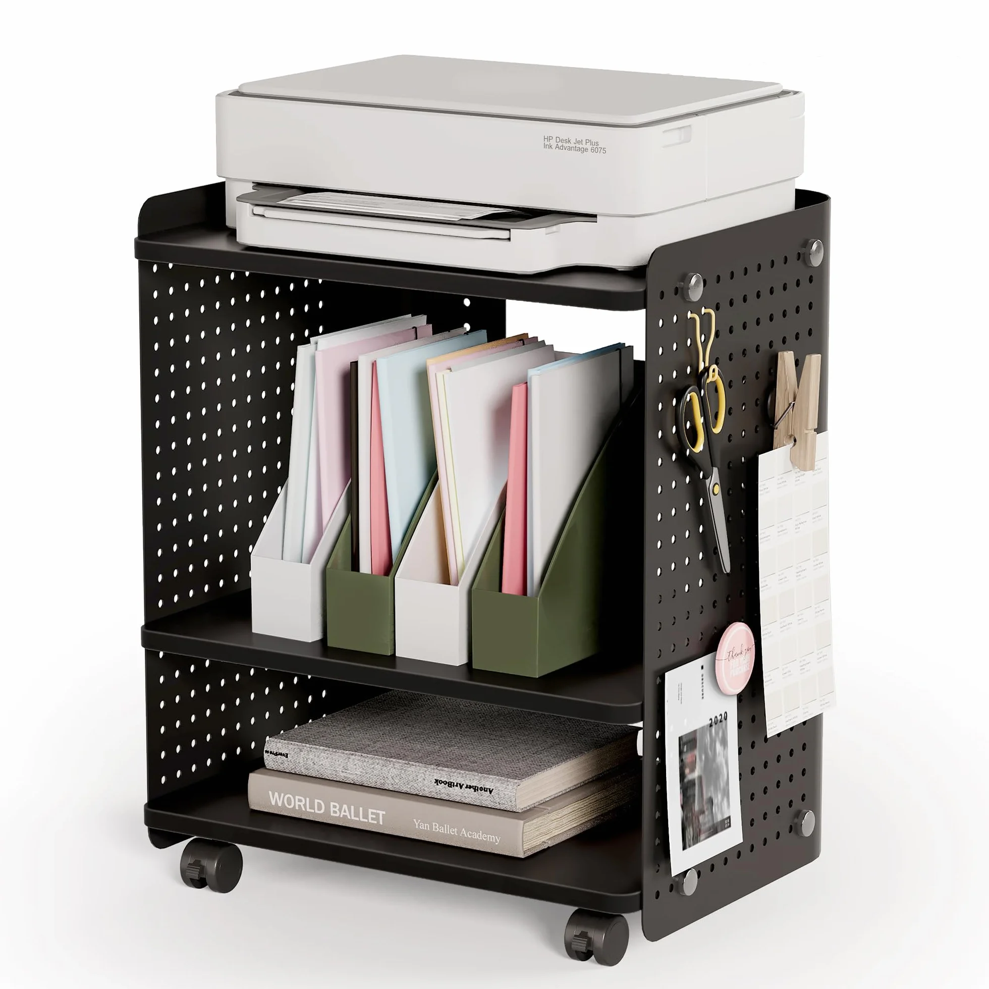 Fenge Soporte para Impresora de 3 Niveles con Tablero Perforado, Organizador de Oficina con Estante Ajustable, Carrito de Impresora para Oficina en Casa, 45,3x33,5x53,5cm (Negro)