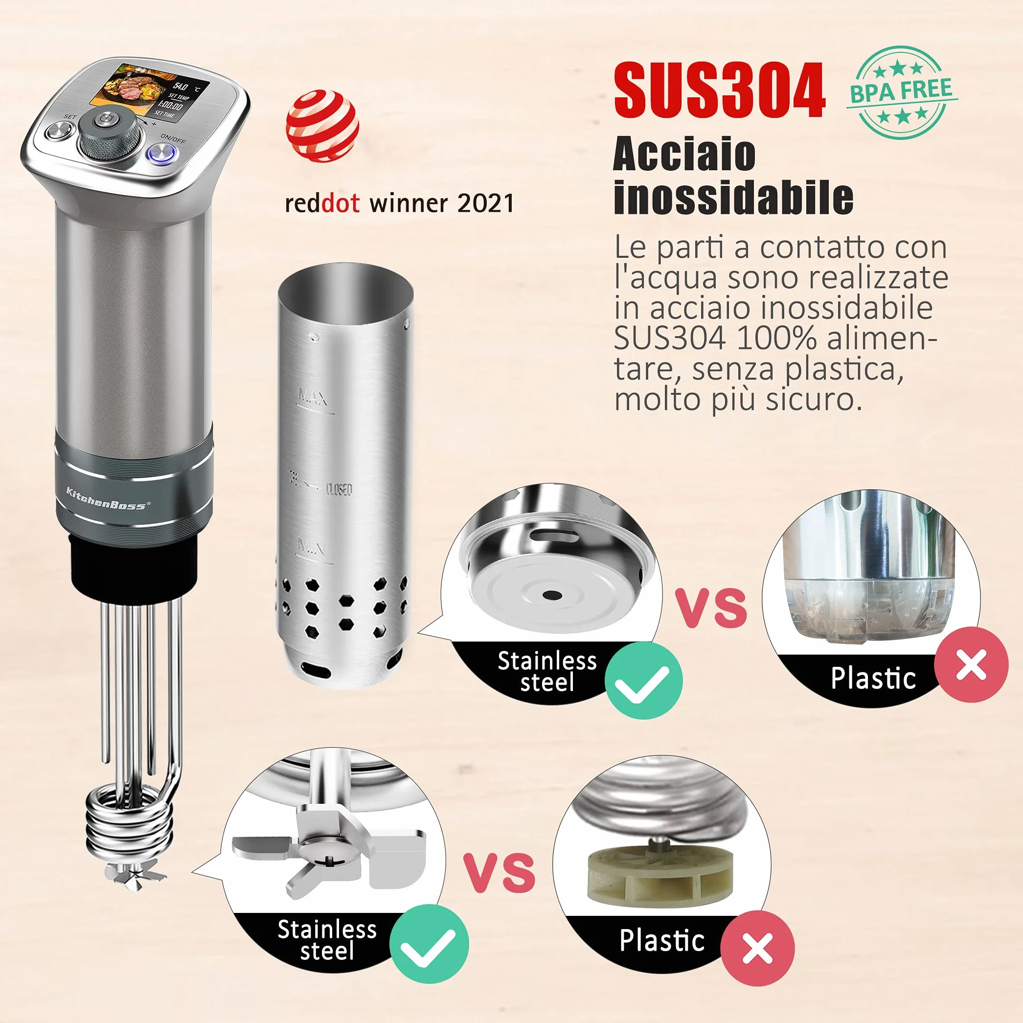 KitchenBoss Sous Vide Roner Cocina a baja temperatura 1100 W, IPX7 impermeable, de acero inoxidable