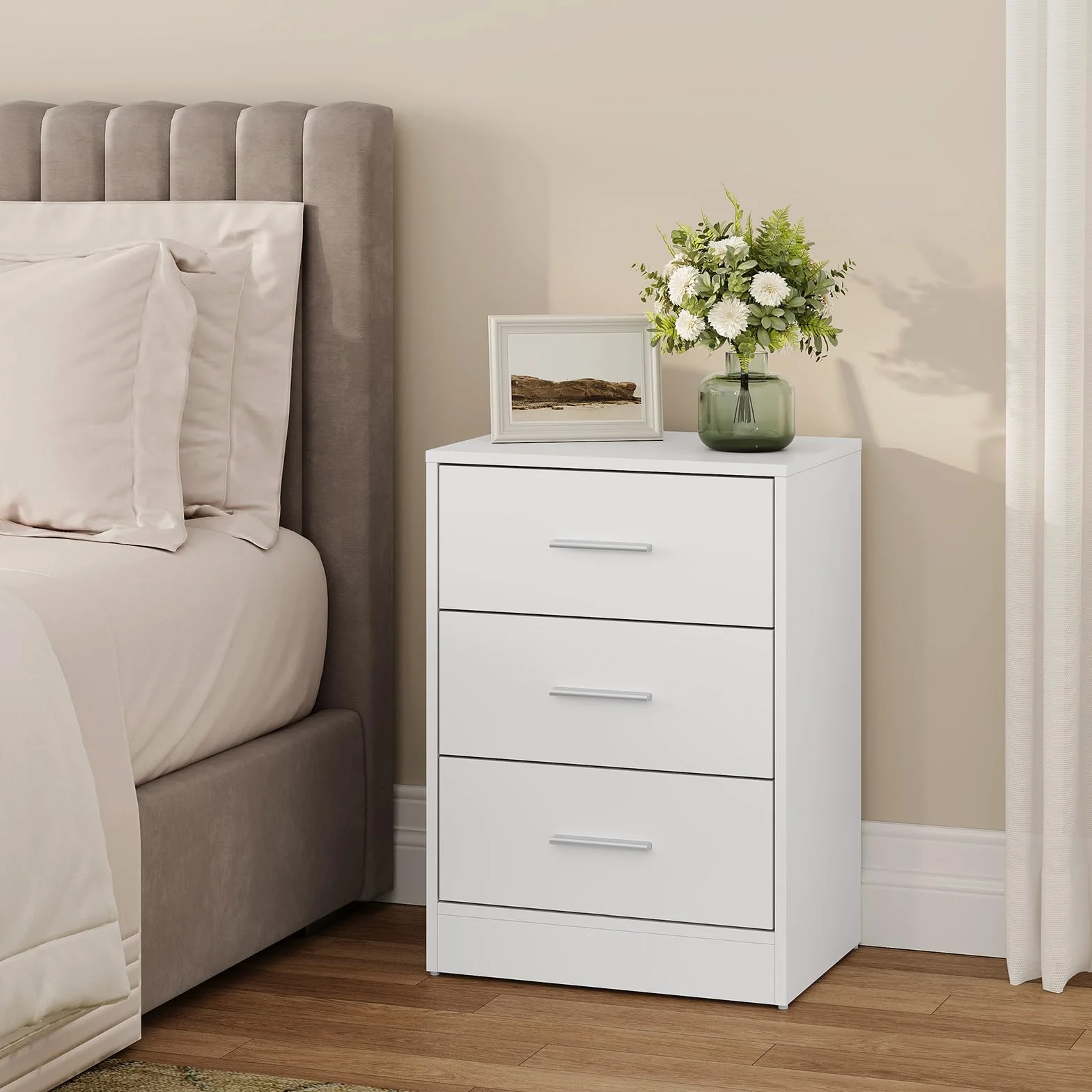 WOLTU Juego de 2 Mesitas de Noche con 3 Cajones, Mesillas para Dormitorio, Estilo Moderno, Estructura de Madera, 39 x 28 x 54 cm, Blanco NTS26ws-2