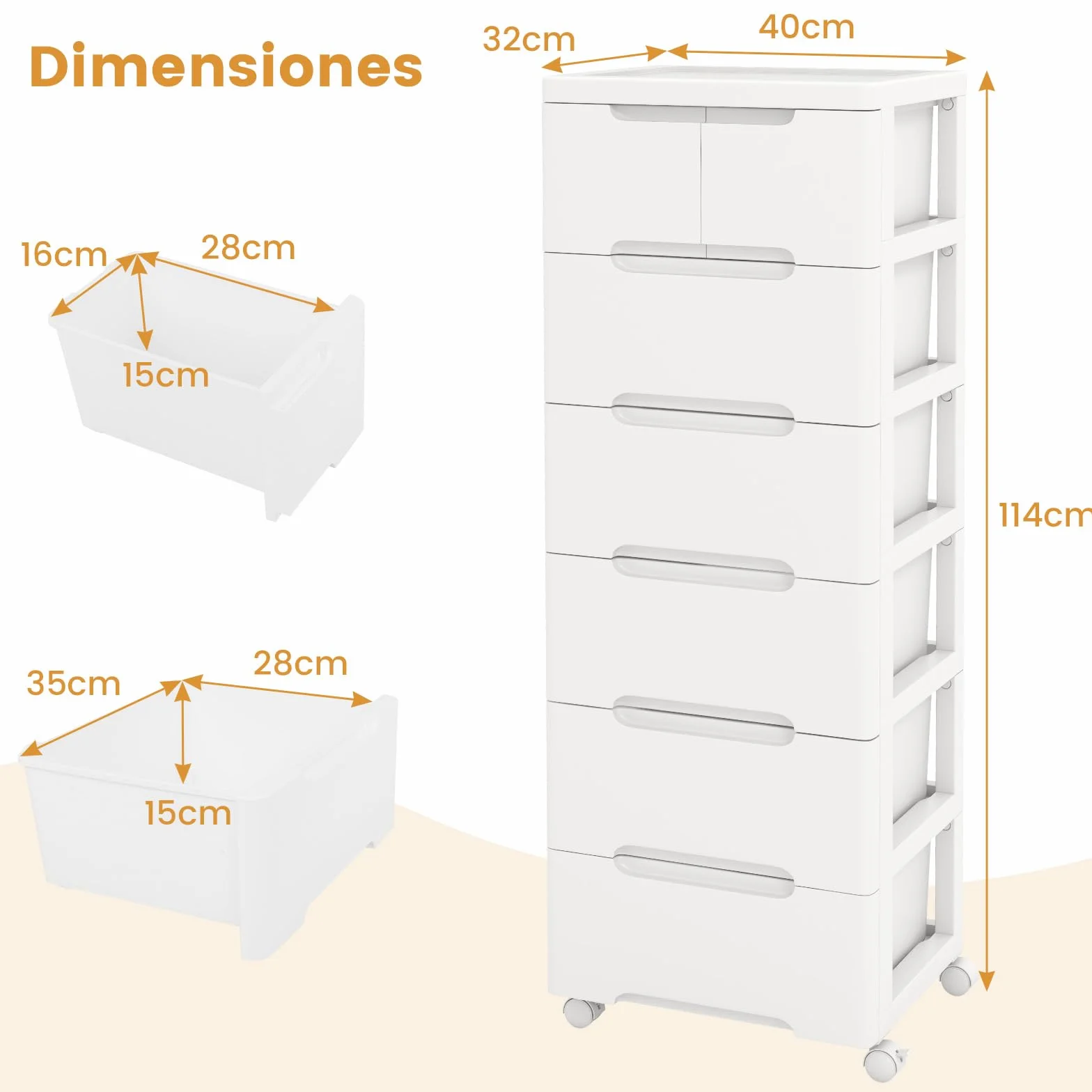 GOPLUS Carro de Almacenamiento de Plástico con Cajones, Mueble Organizador Móvil con 4 Ruedas Universales, Contenedor de Almacenamiento Vertical para Dormitorio, Oficina (Blanco, 6 Cajones)