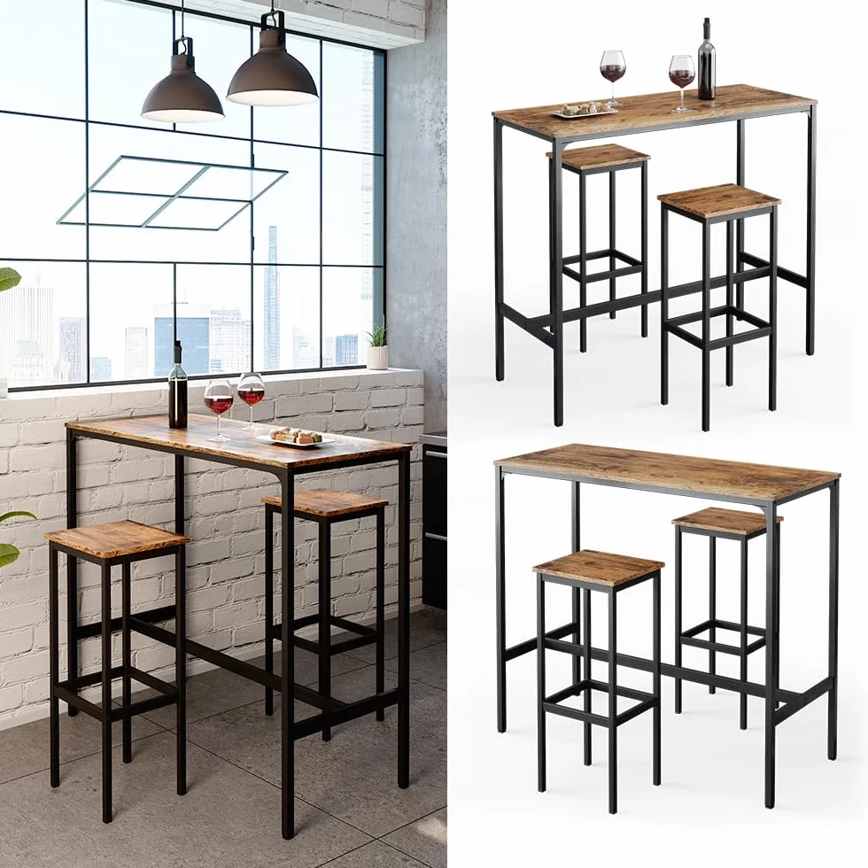 Vicco Set de Mesa de Bar Fyrk, Madera Antigua, 120 x 50 cm con 2 taburetes de Bar, Apto para Barras y encimeras de Cocina, apilable para Almacenamiento