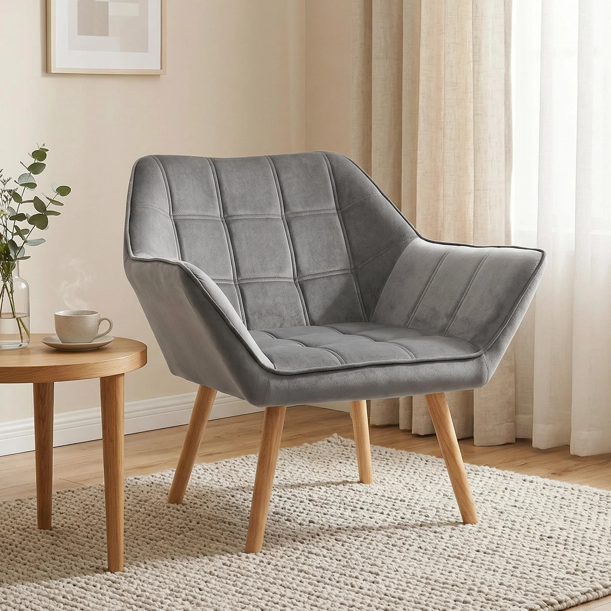 HOMCOM Butaca de Salón Moderna, Sillón Lectura Tapizado en Terciopelo con Patas de Madera, Fácil Montaje, Sillón Relax para Sala de Estar, Dormitorio y Balcón, Gris