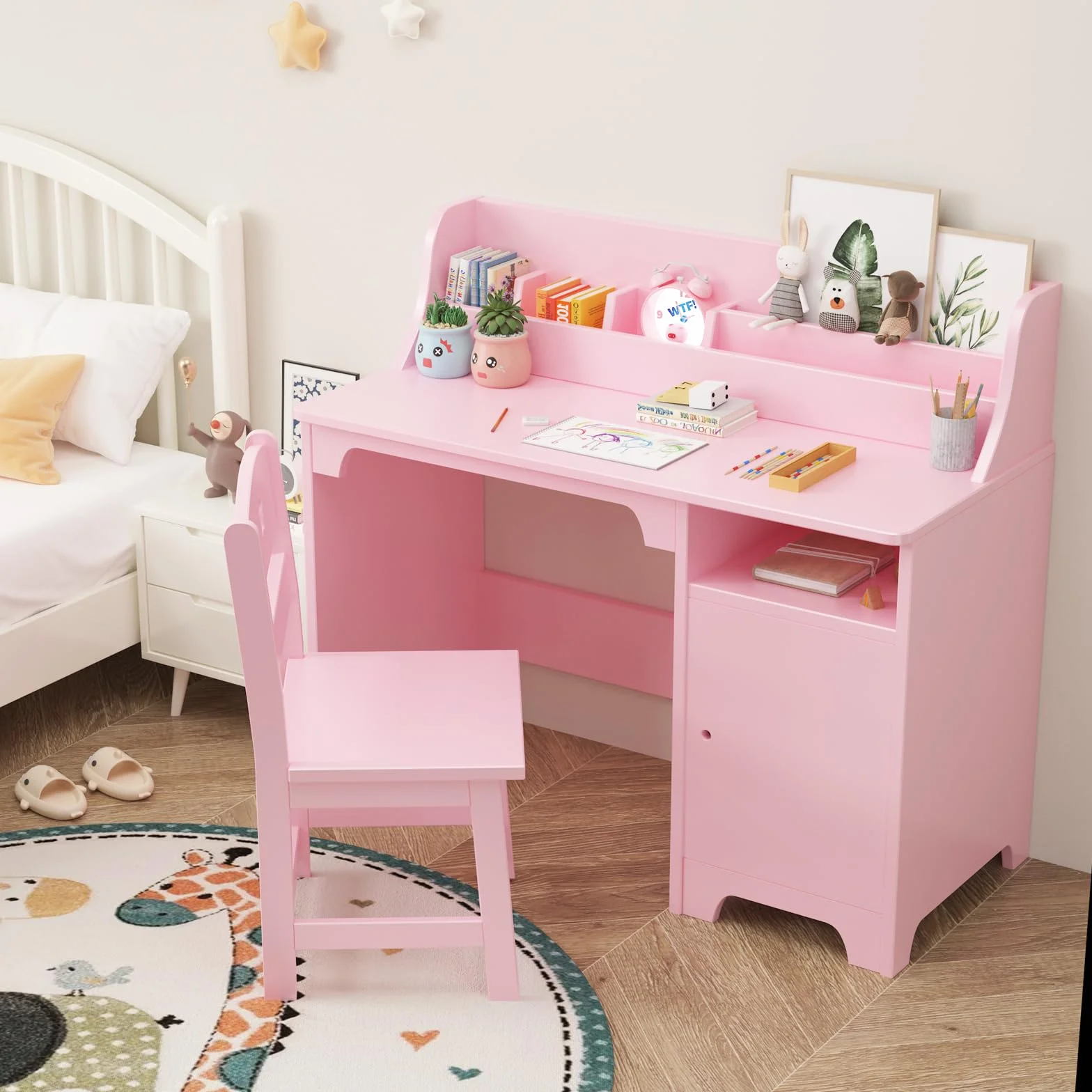 Escritorio Infantil con Silla de Madera con Estantes y Taquilla para Niños de 3+ Años