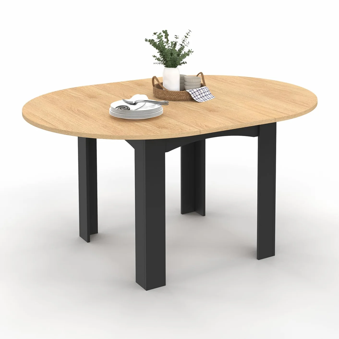 IDMarket Dona – Mesa de comedor extensible redonda para 4-8 personas, color negro, bandeja de haya, 110-150 cm