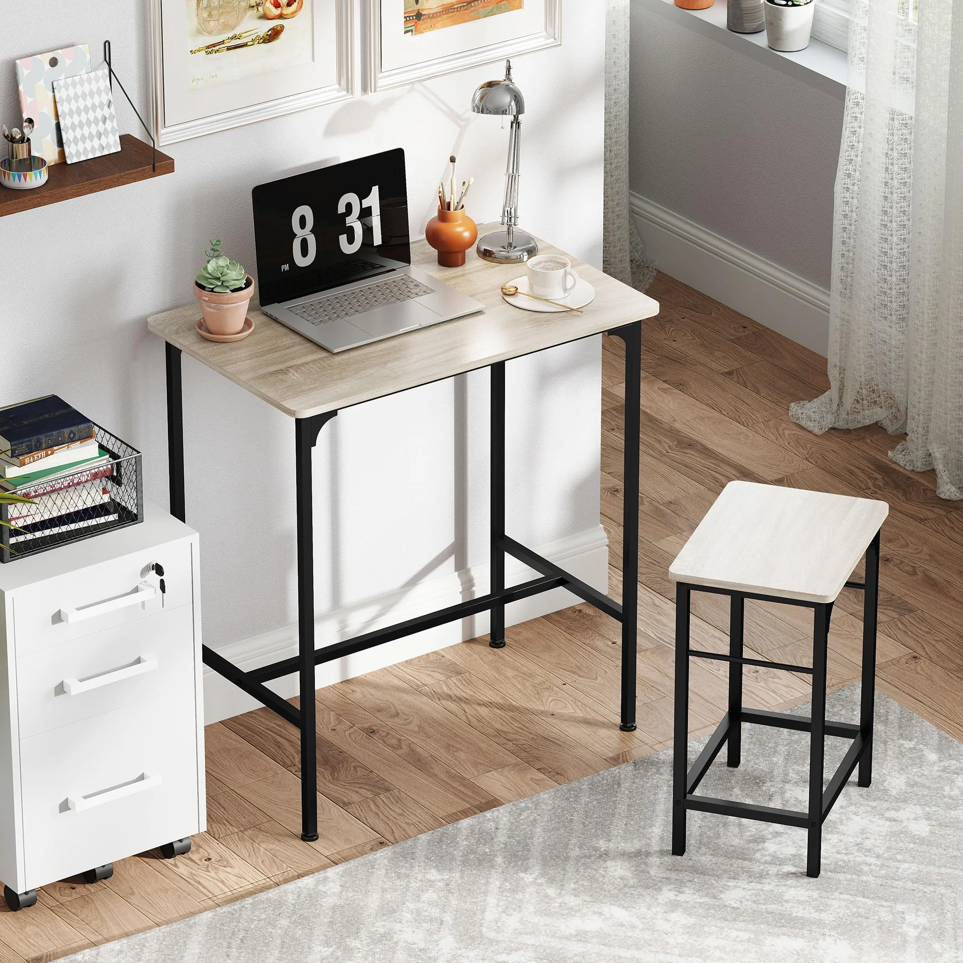 HOMCOM Conjunto de Mesa de Bar con 2 Taburetes, Marco de Acero, Efecto Madera Natural para Cocina y Comedor