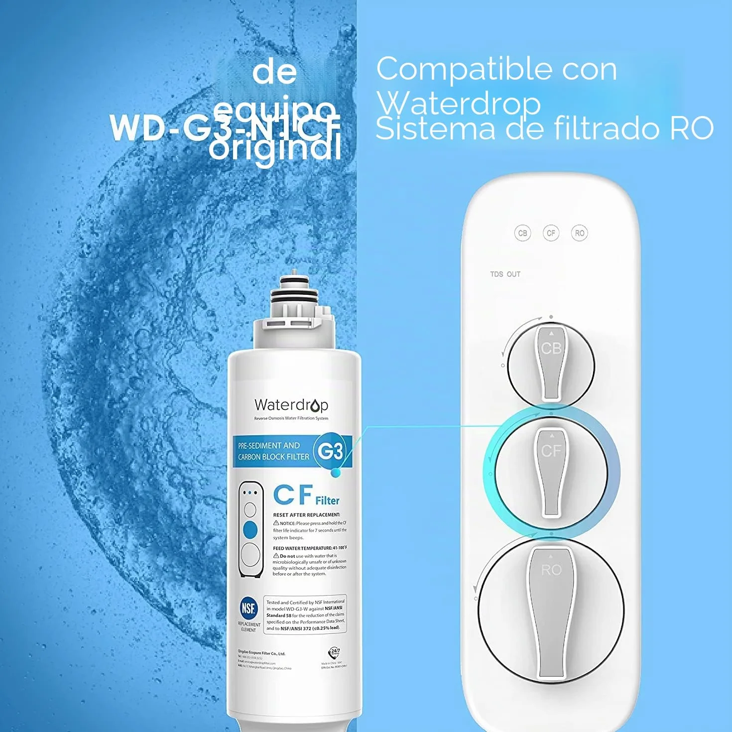 Waterdrop Filtro WD-G3-N1CF, 6 meses de vida útil, Reemplazo para el Sistema de ósmosis inversa WD-G3-W