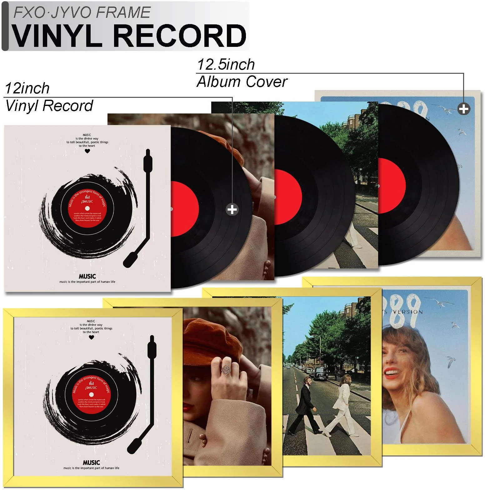 Marco de disco de vinilo para LP de 30.5 cm con portada de álbum de 12.5 x 12.5 pulgadas | Marco dorado de 12.5 x 12.5 pulgadas, peso ligero con soporte de pared de plástico de alta claridad, 4 paquetes/dorado